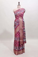 Rose red checked floral design dola saree with self zari border and matching blouse