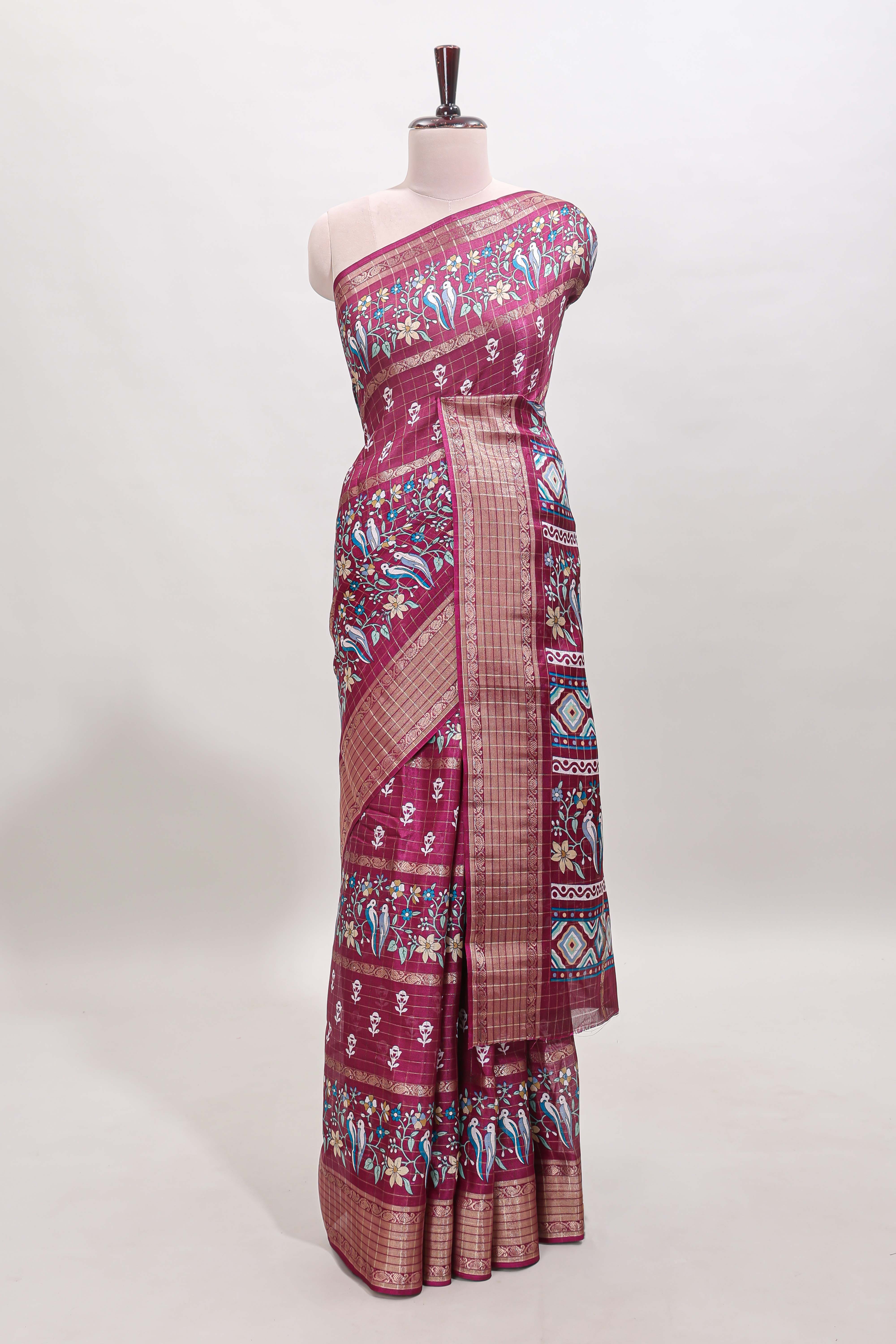 Rose red checked floral design dola saree with self zari border and matching blouse
