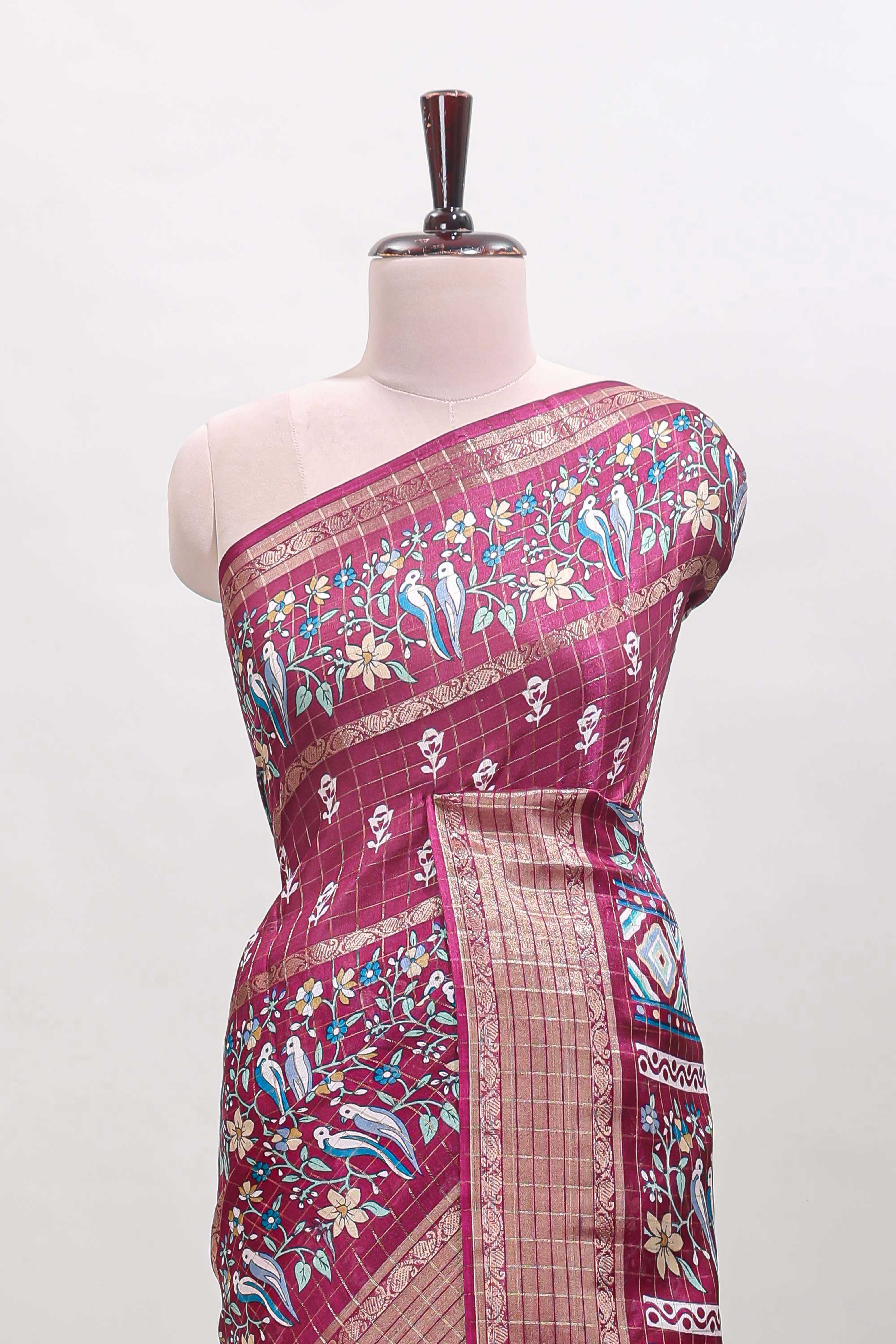 Rose red checked floral design dola saree with self zari border and matching blouse