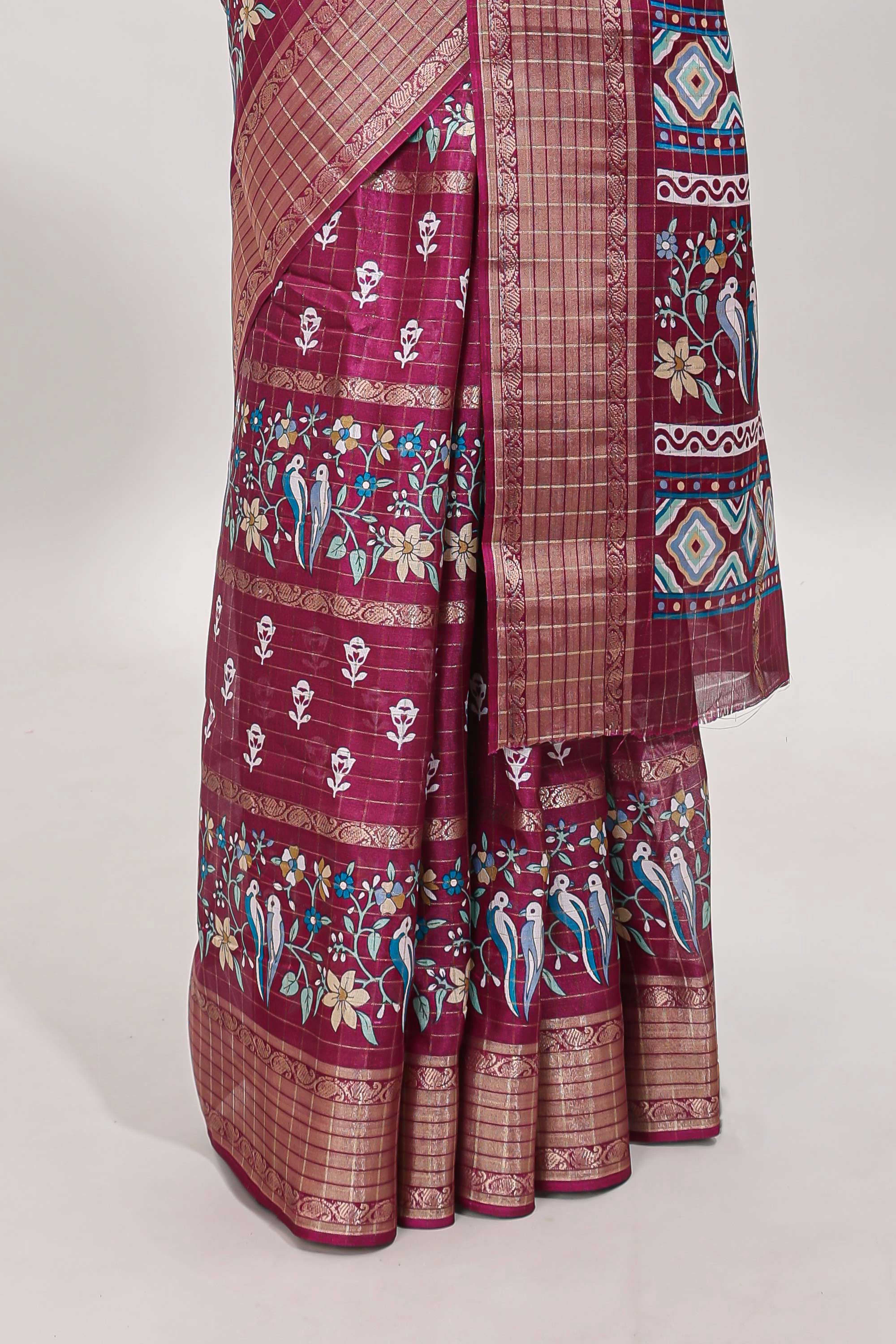 Rose red checked floral design dola saree with self zari border and matching blouse