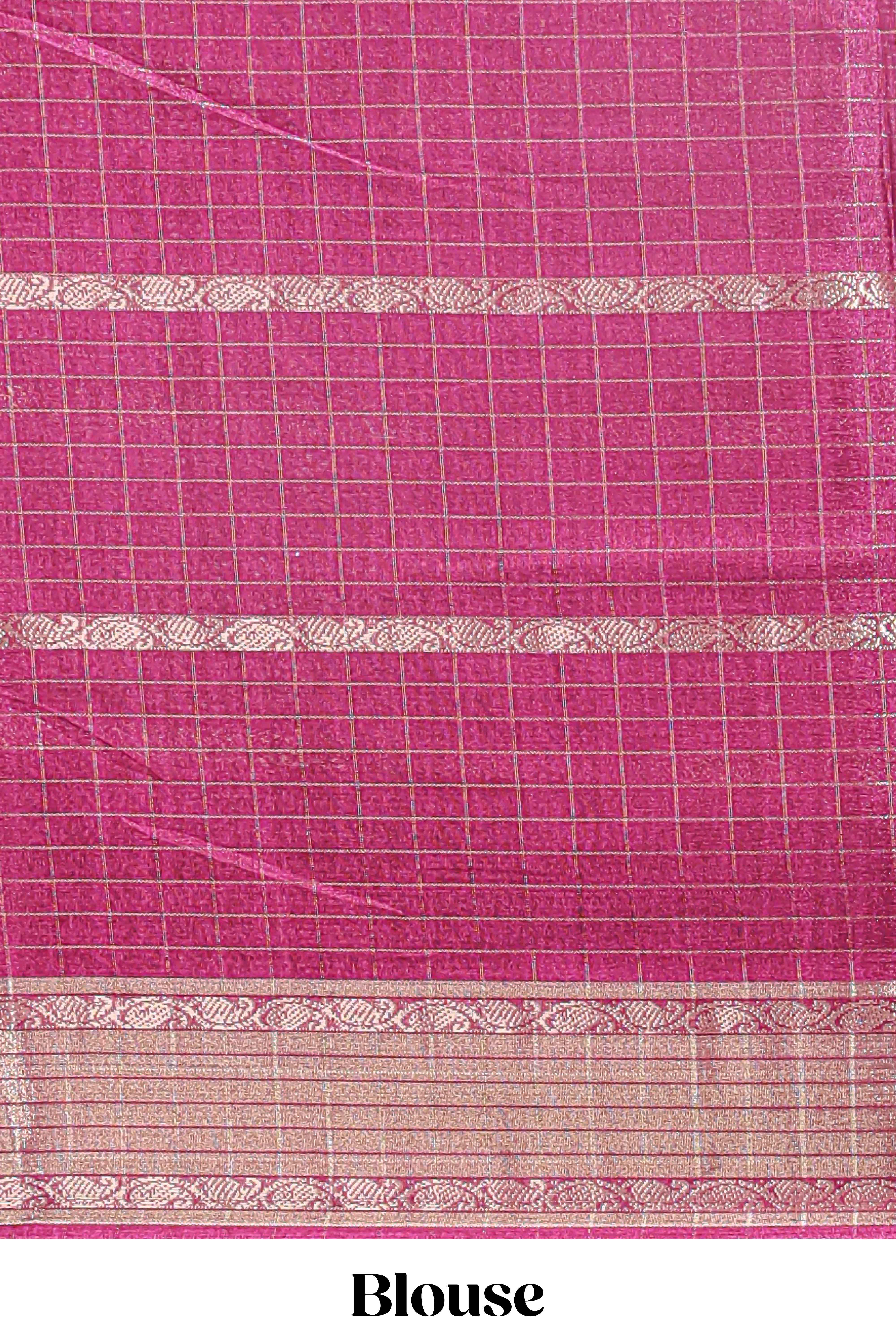 Rose red checked floral design dola saree with self zari border and matching blouse