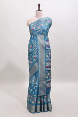 Steel green checked floral design dola saree with self zari border and matching blouse