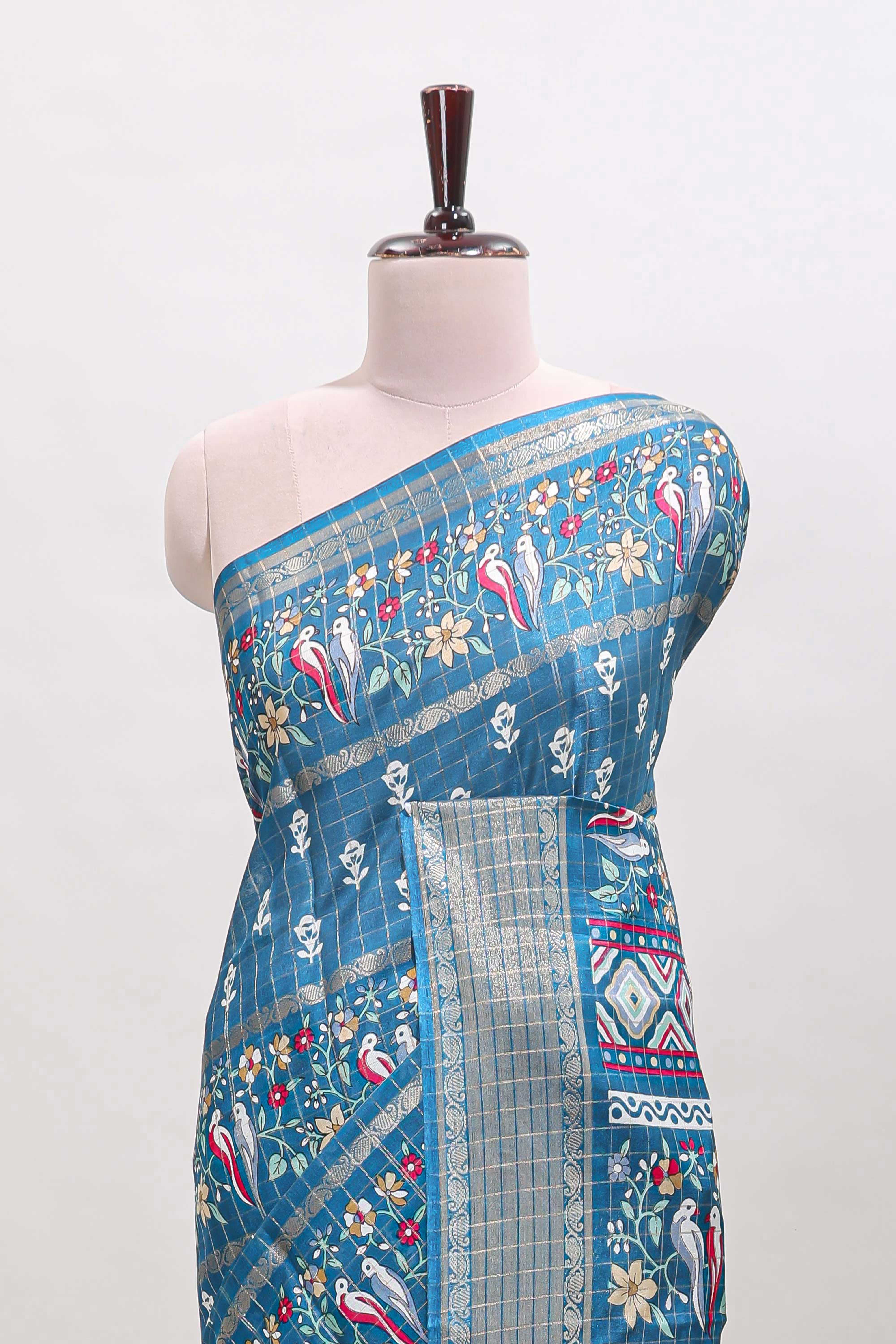 Steel green checked floral design dola saree with self zari border and matching blouse