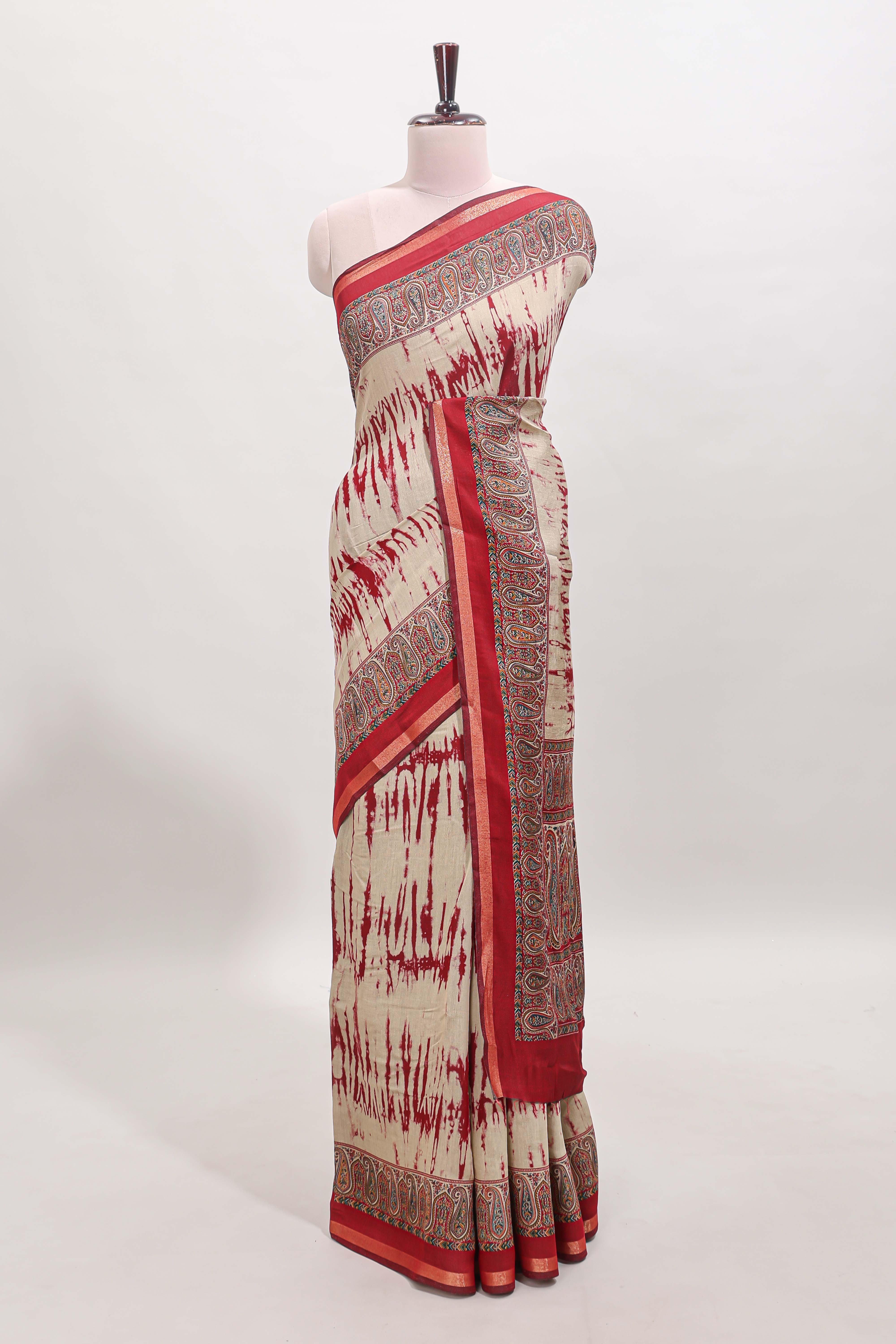 Brown shibori style chanderi cotton saree with contrast maroon border and blouse