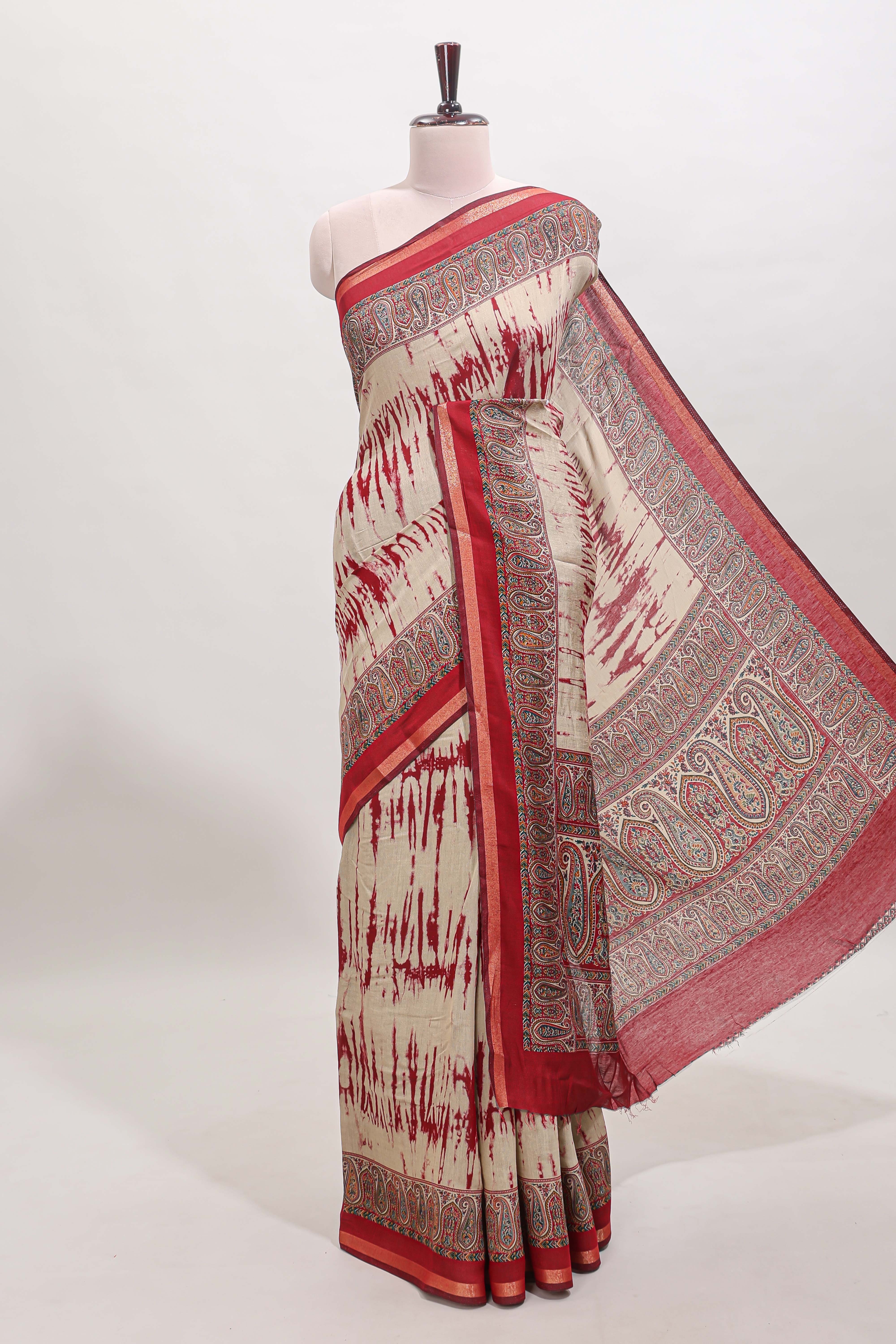 Brown shibori style chanderi cotton saree with contrast maroon border and blouse