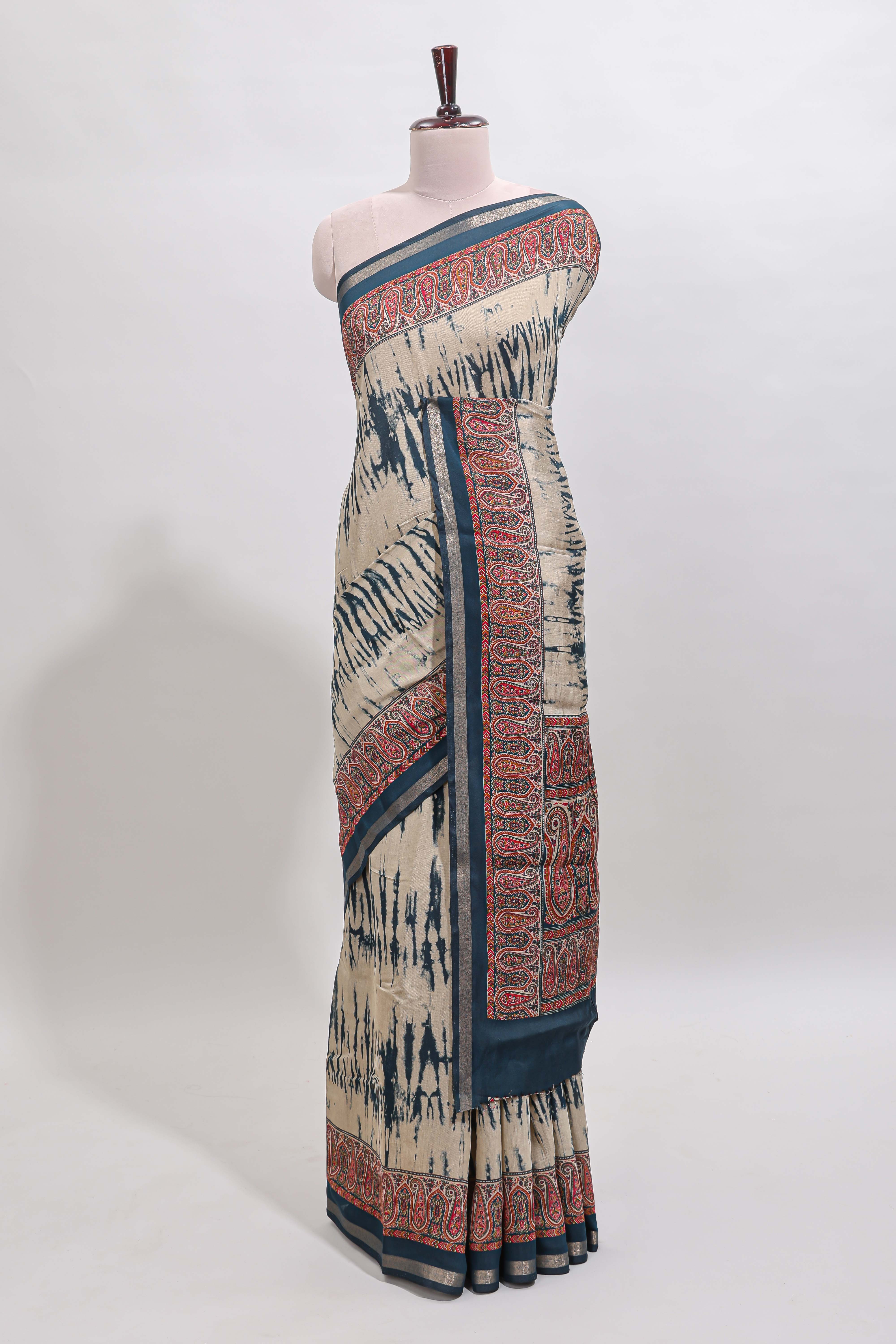 Brown shibori style chanderi cotton saree with contrast blue border and blouse