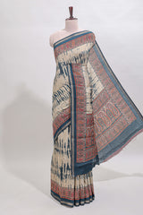 Brown shibori style chanderi cotton saree with contrast blue border and blouse