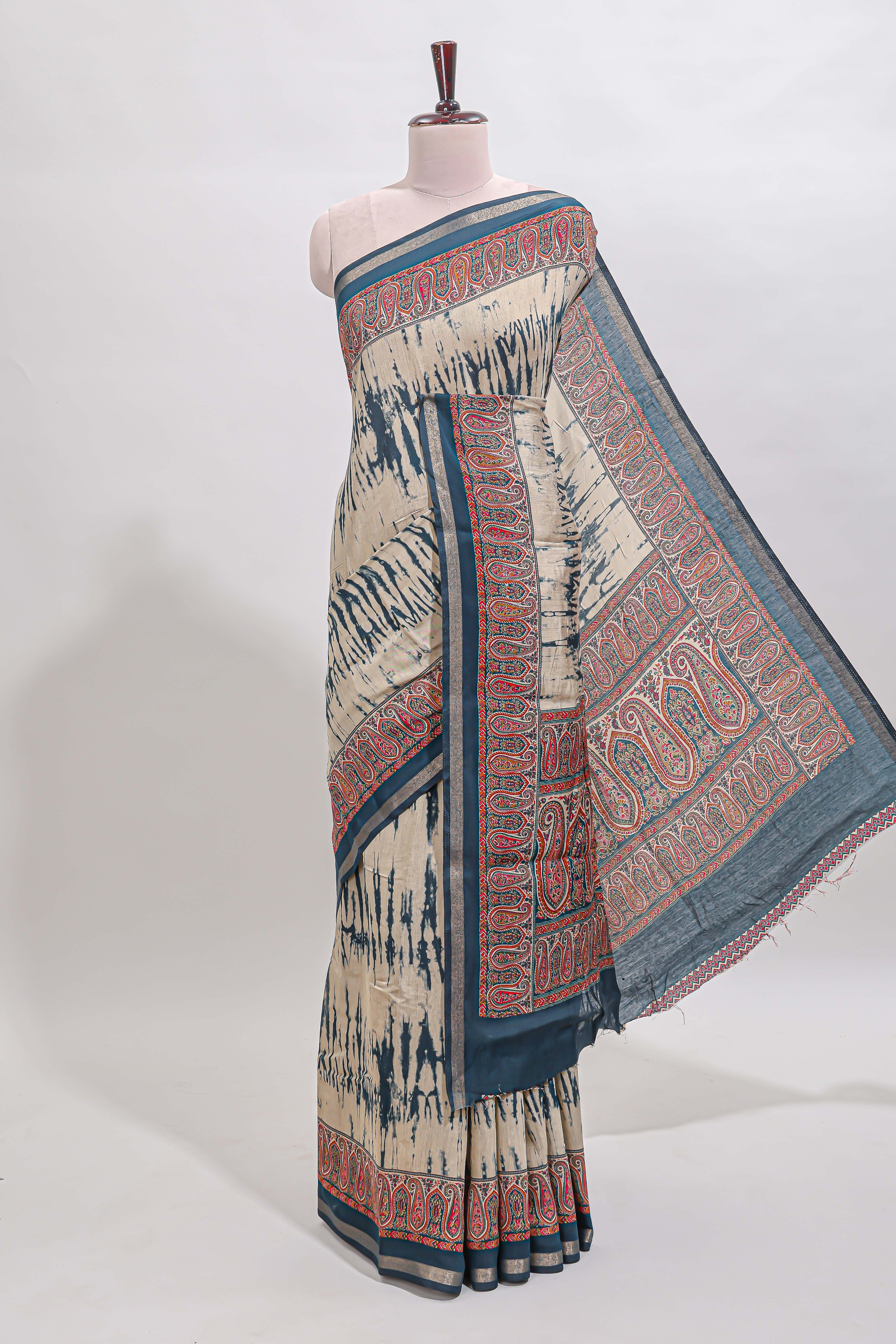 Brown shibori style chanderi cotton saree with contrast blue border and blouse