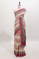 Brown shibori style chanderi cotton saree with contrast magenta border and blouse