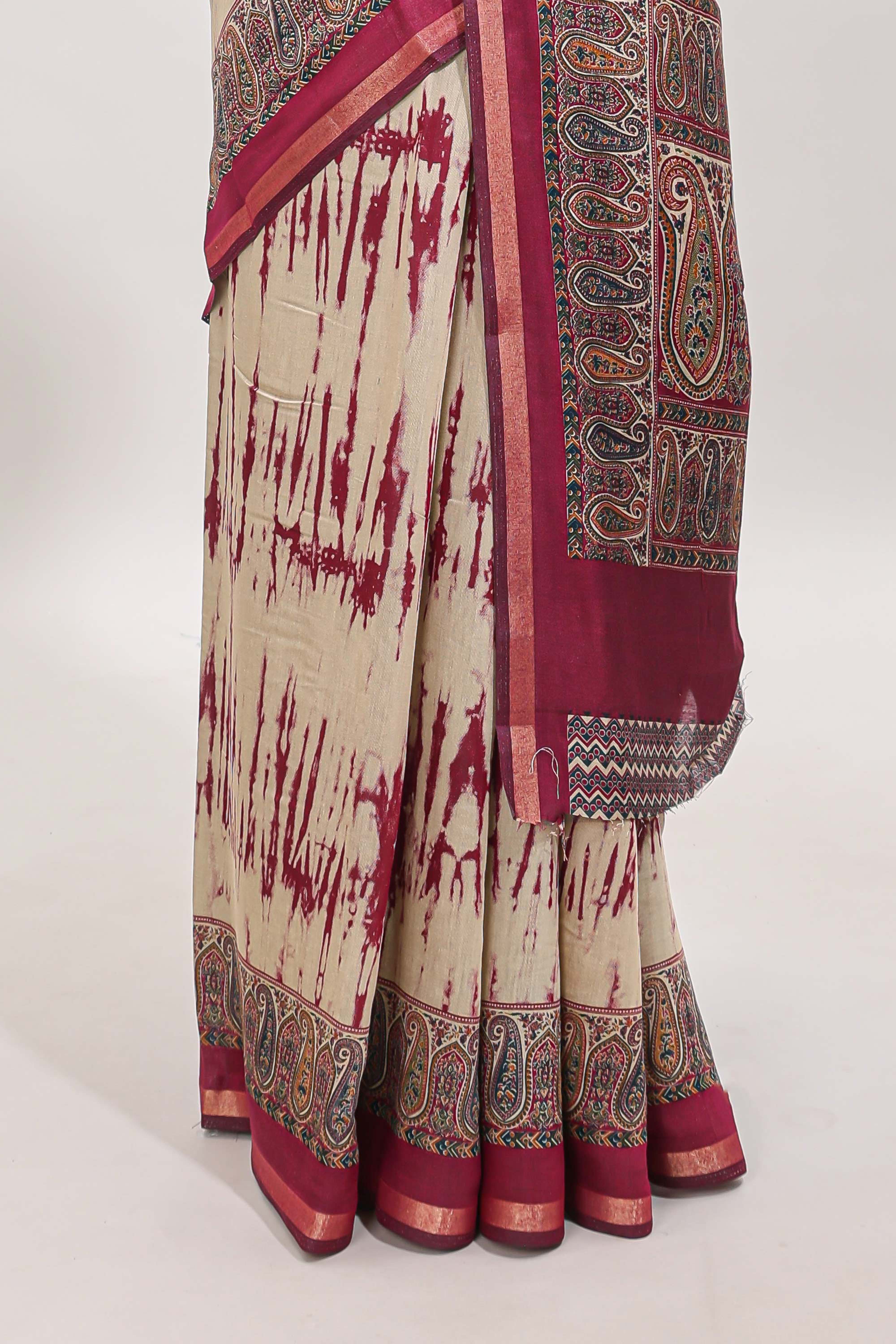 Brown shibori style chanderi cotton saree with contrast magenta border and blouse