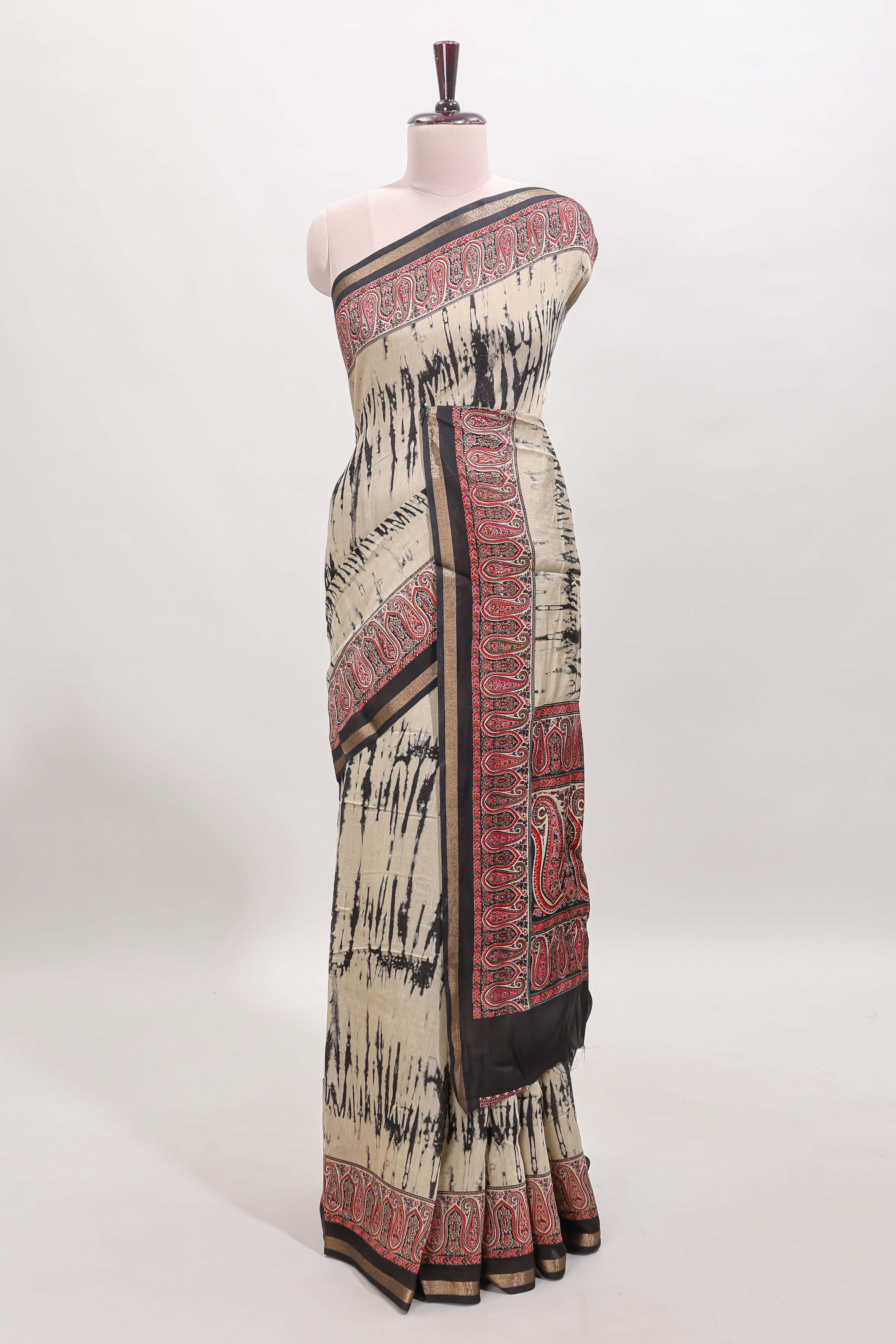 Brown shibori style chanderi cotton saree with contrast black border and blouse