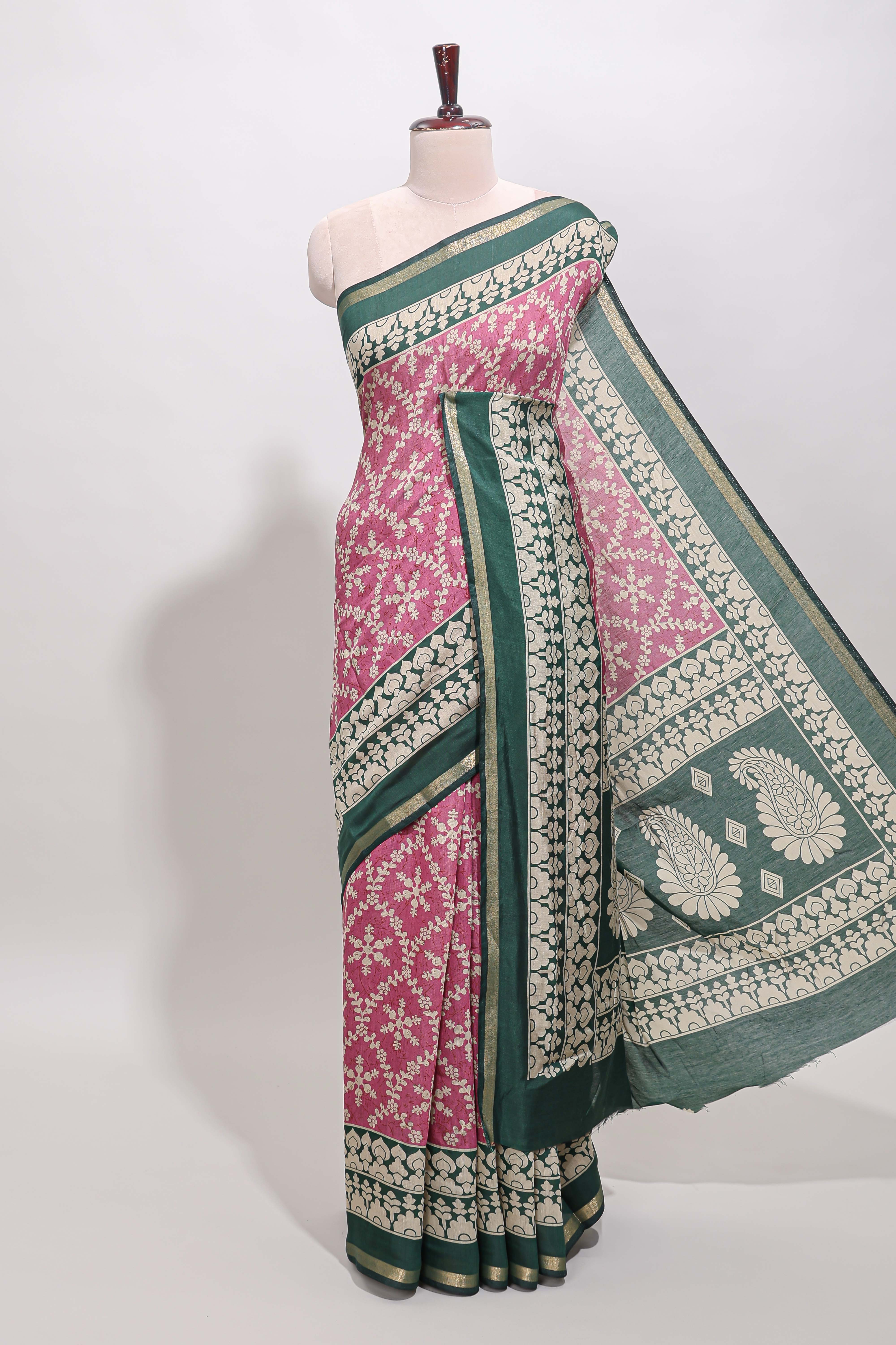 Onion pink floral vine print chanderi cotton saree with contrast border and blouse