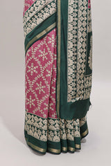 Onion pink floral vine print chanderi cotton saree with contrast border and blouse