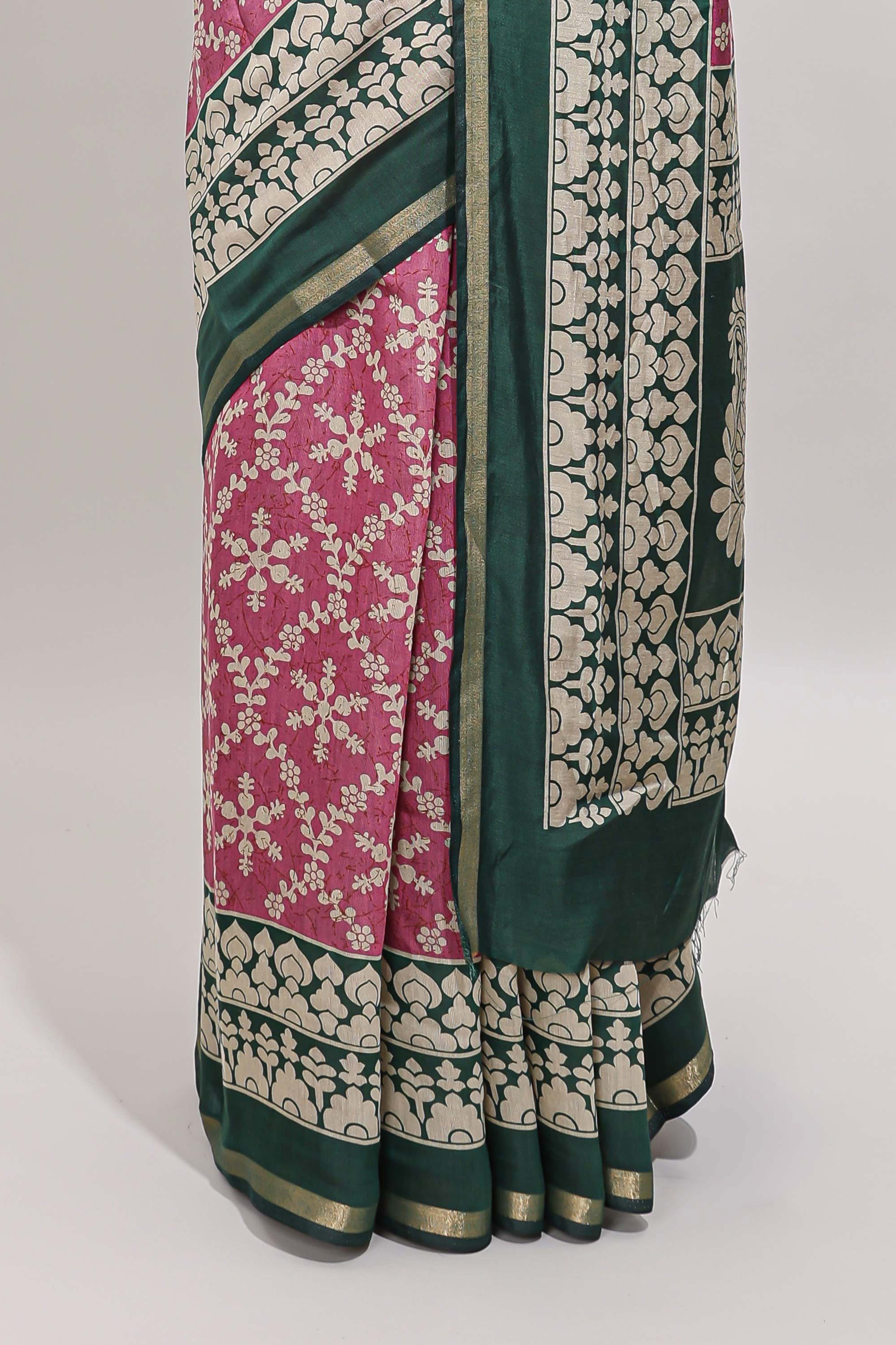 Onion pink floral vine print chanderi cotton saree with contrast border and blouse