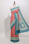 Red floral vine print chanderi cotton saree with contrast border and blouse