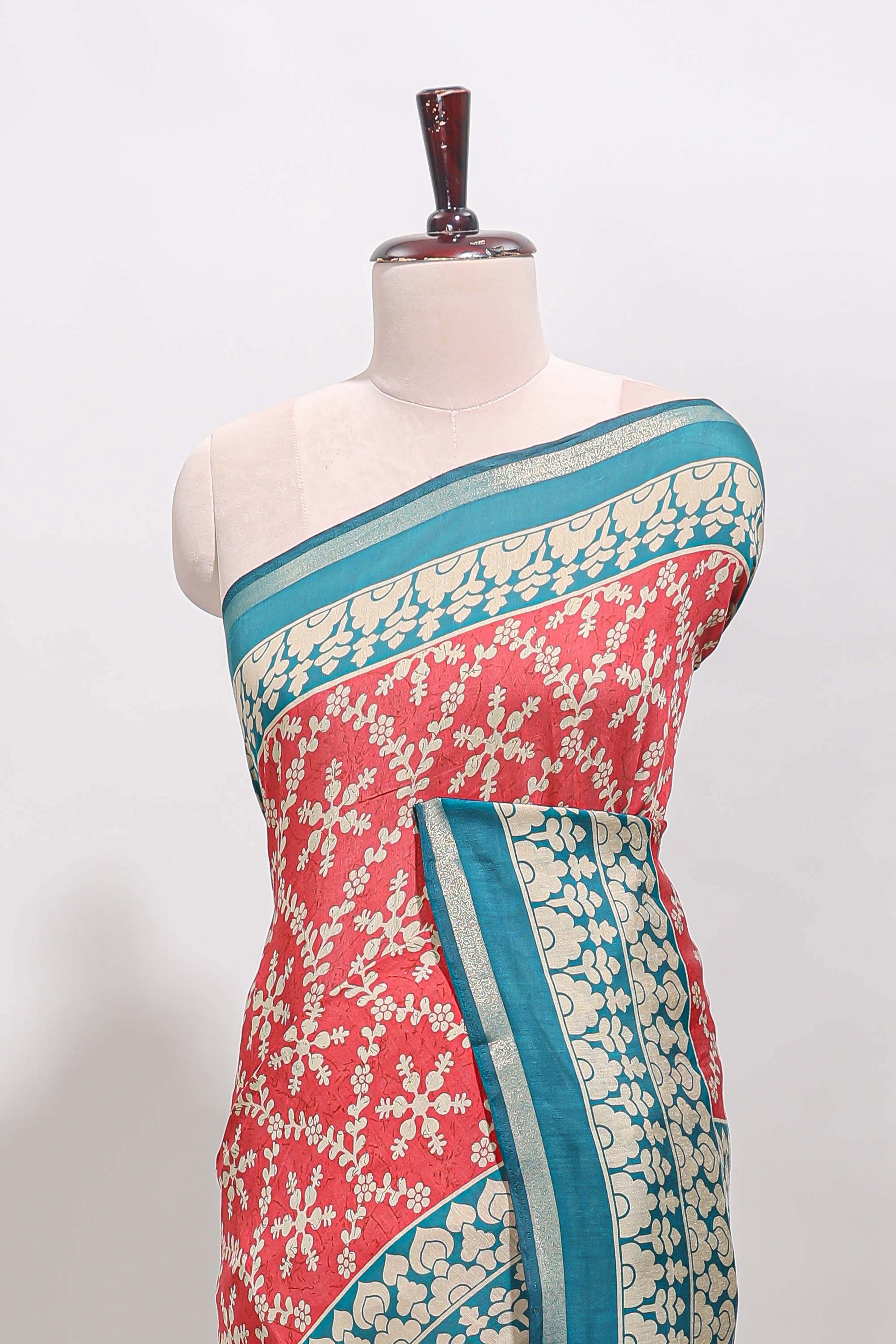 Red floral vine print chanderi cotton saree with contrast border and blouse