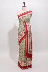 Green floral vine print chanderi cotton saree with contrast border and blouse