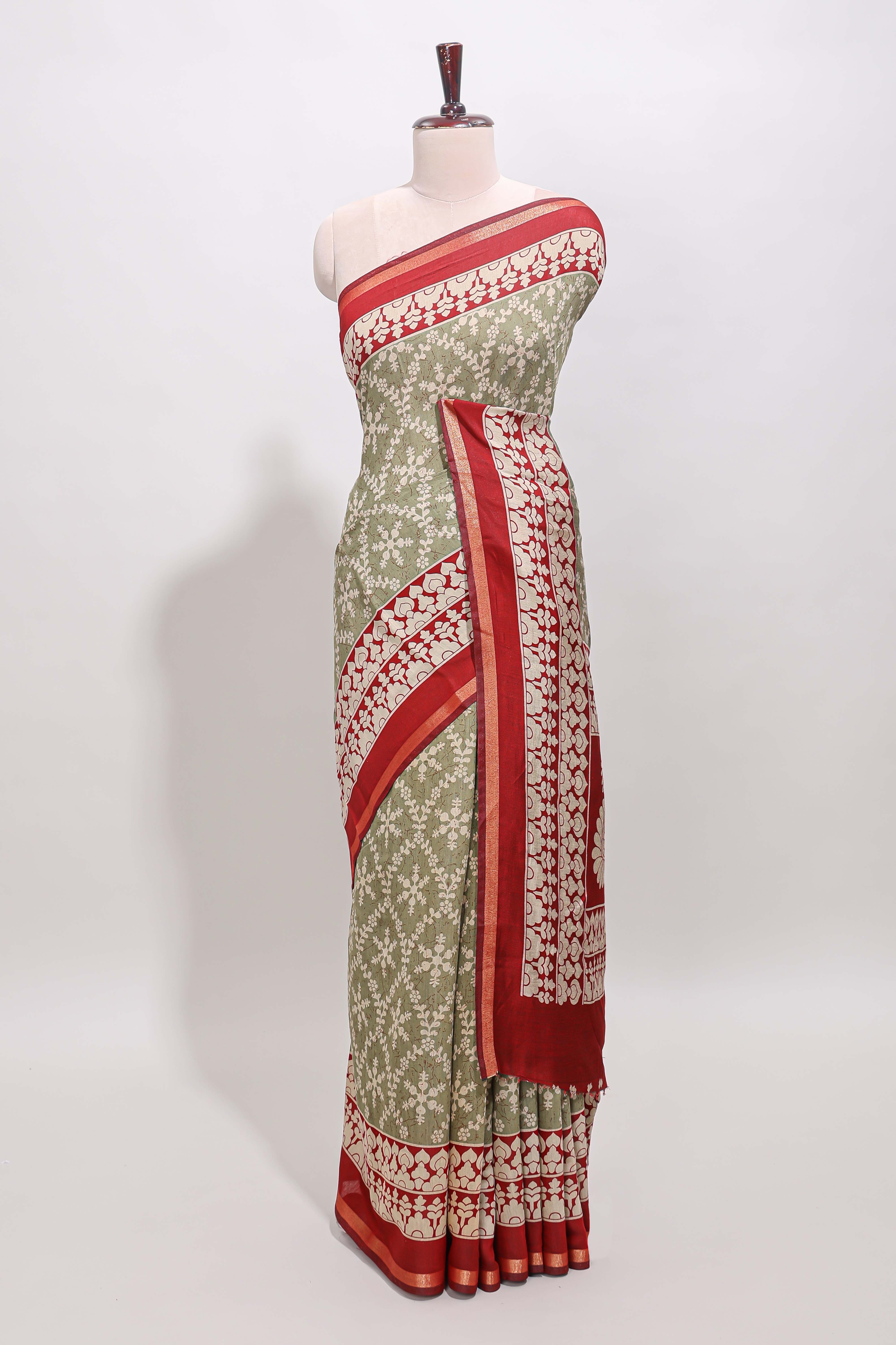 Green floral vine print chanderi cotton saree with contrast border and blouse