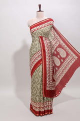 Green floral vine print chanderi cotton saree with contrast border and blouse