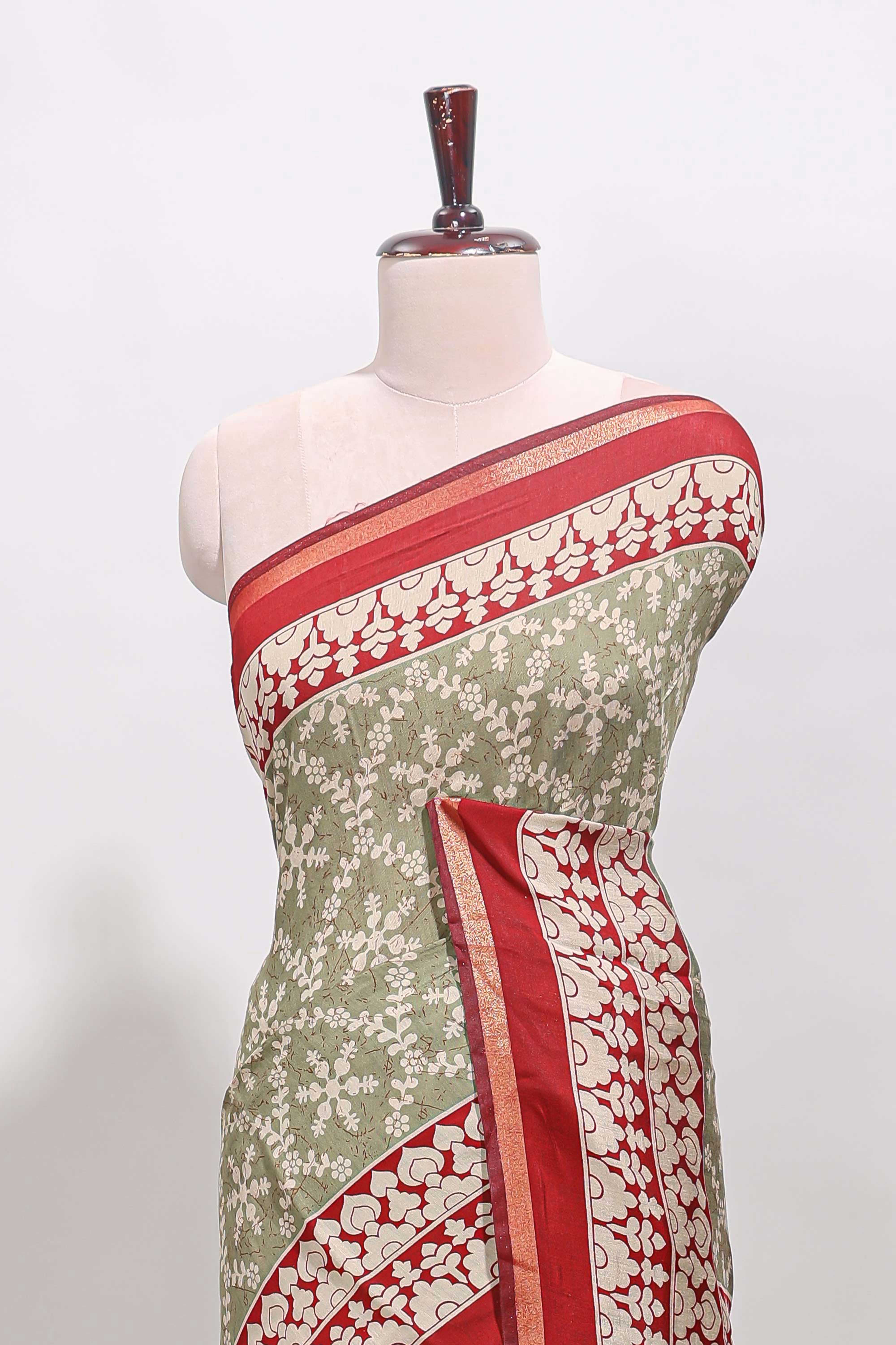 Green floral vine print chanderi cotton saree with contrast border and blouse