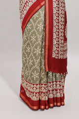 Green floral vine print chanderi cotton saree with contrast border and blouse