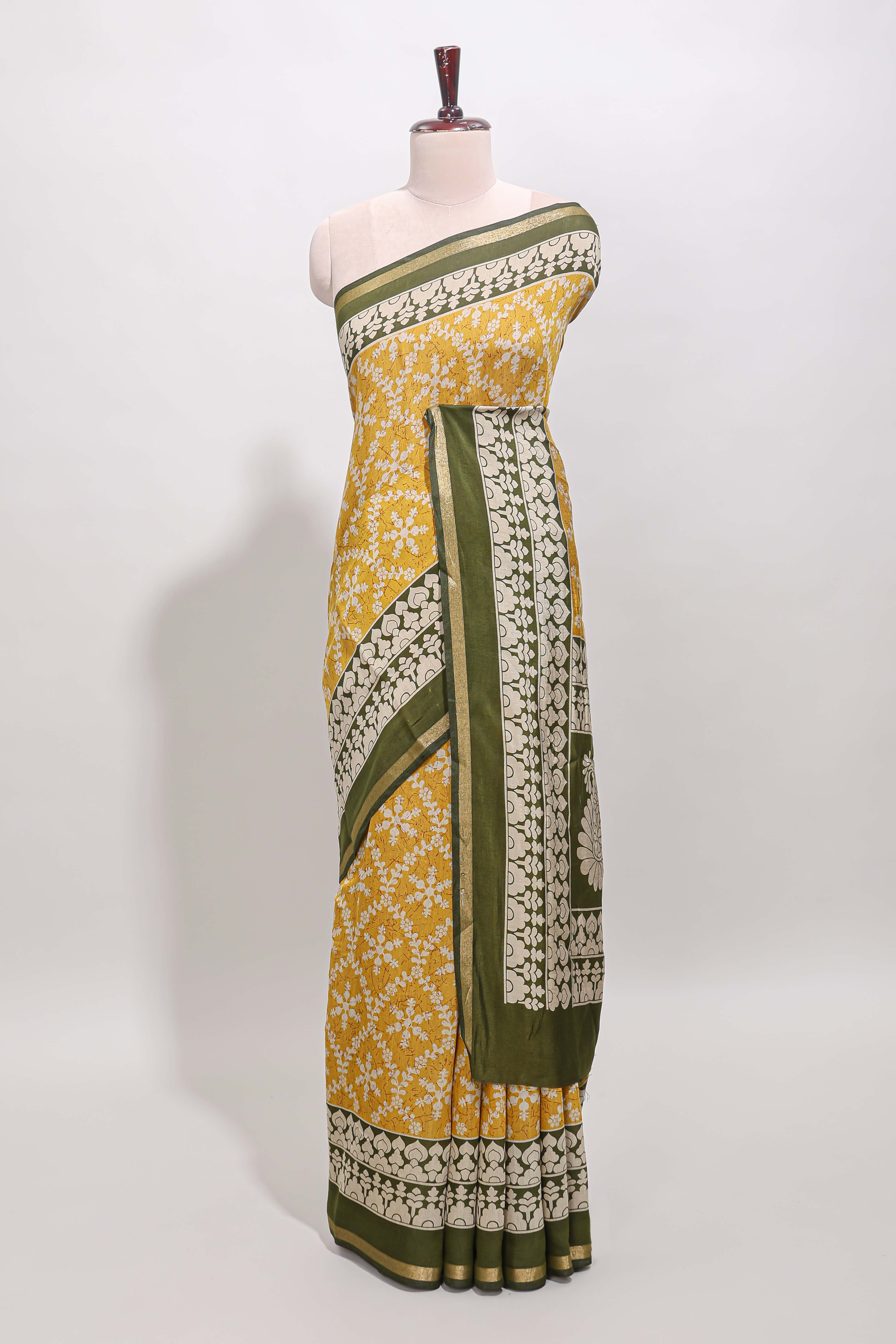 Yellow floral vine print chanderi cotton saree with contrast border and blouse