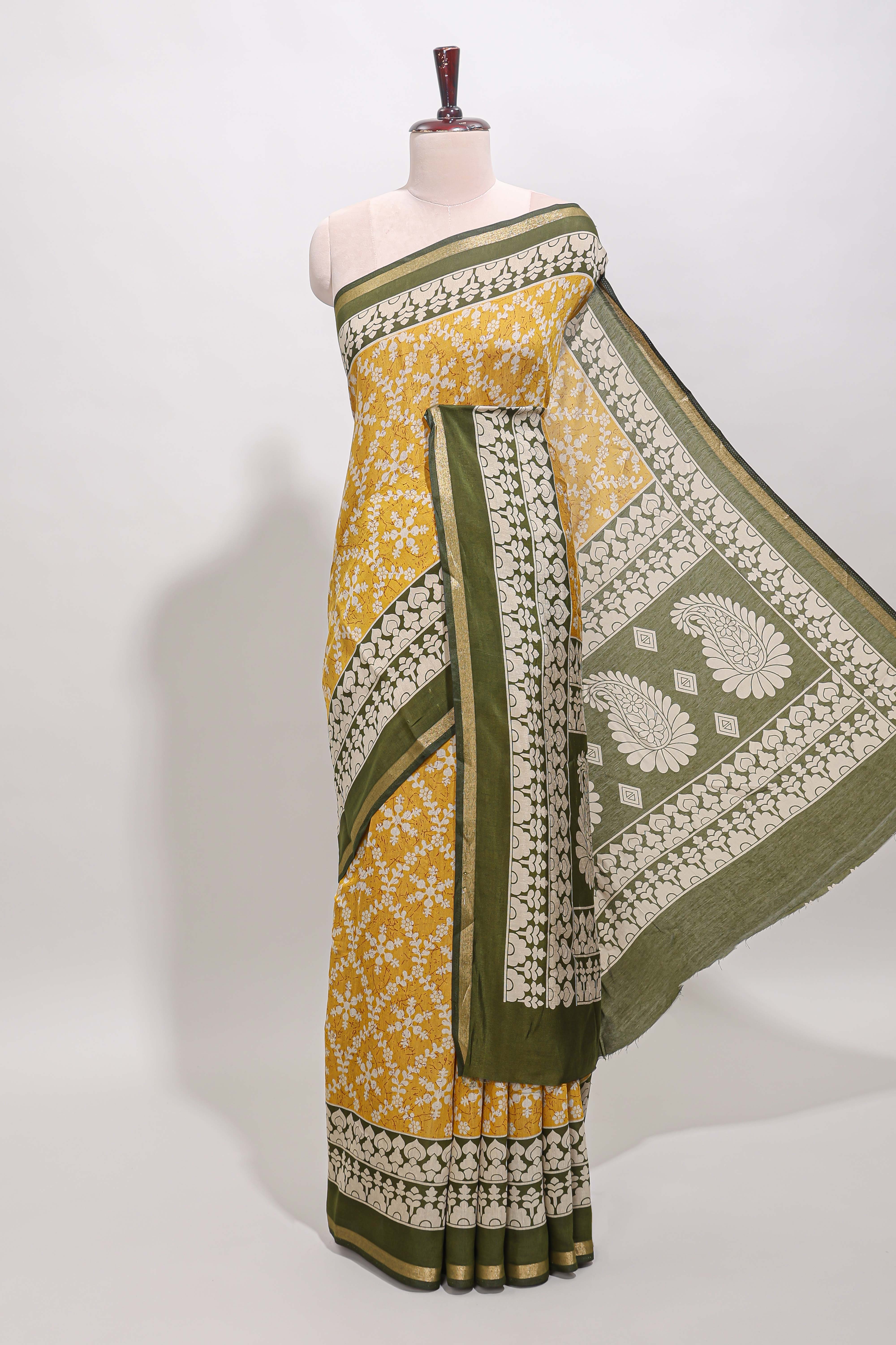 Yellow floral vine print chanderi cotton saree with contrast border and blouse