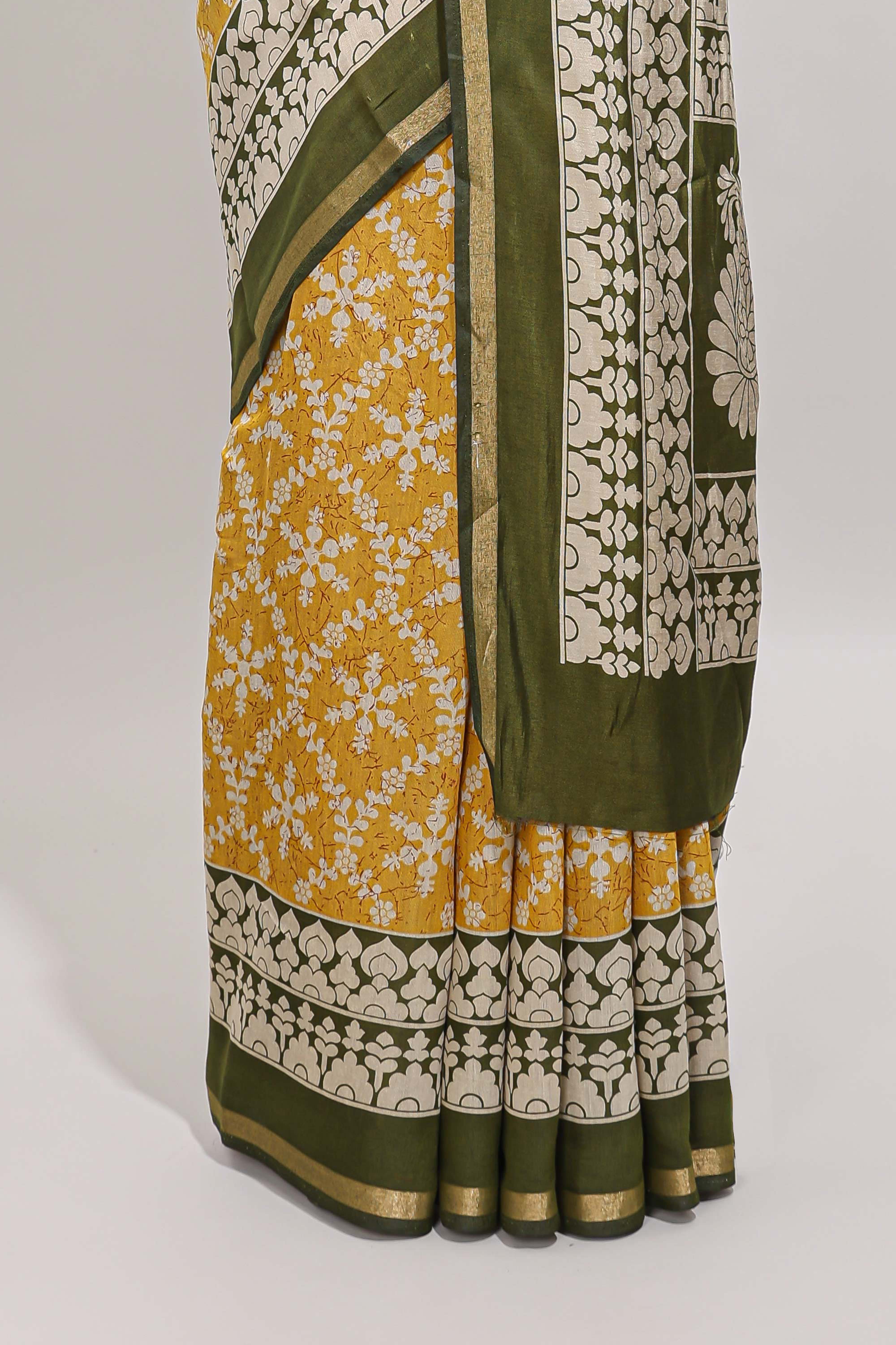 Yellow floral vine print chanderi cotton saree with contrast border and blouse