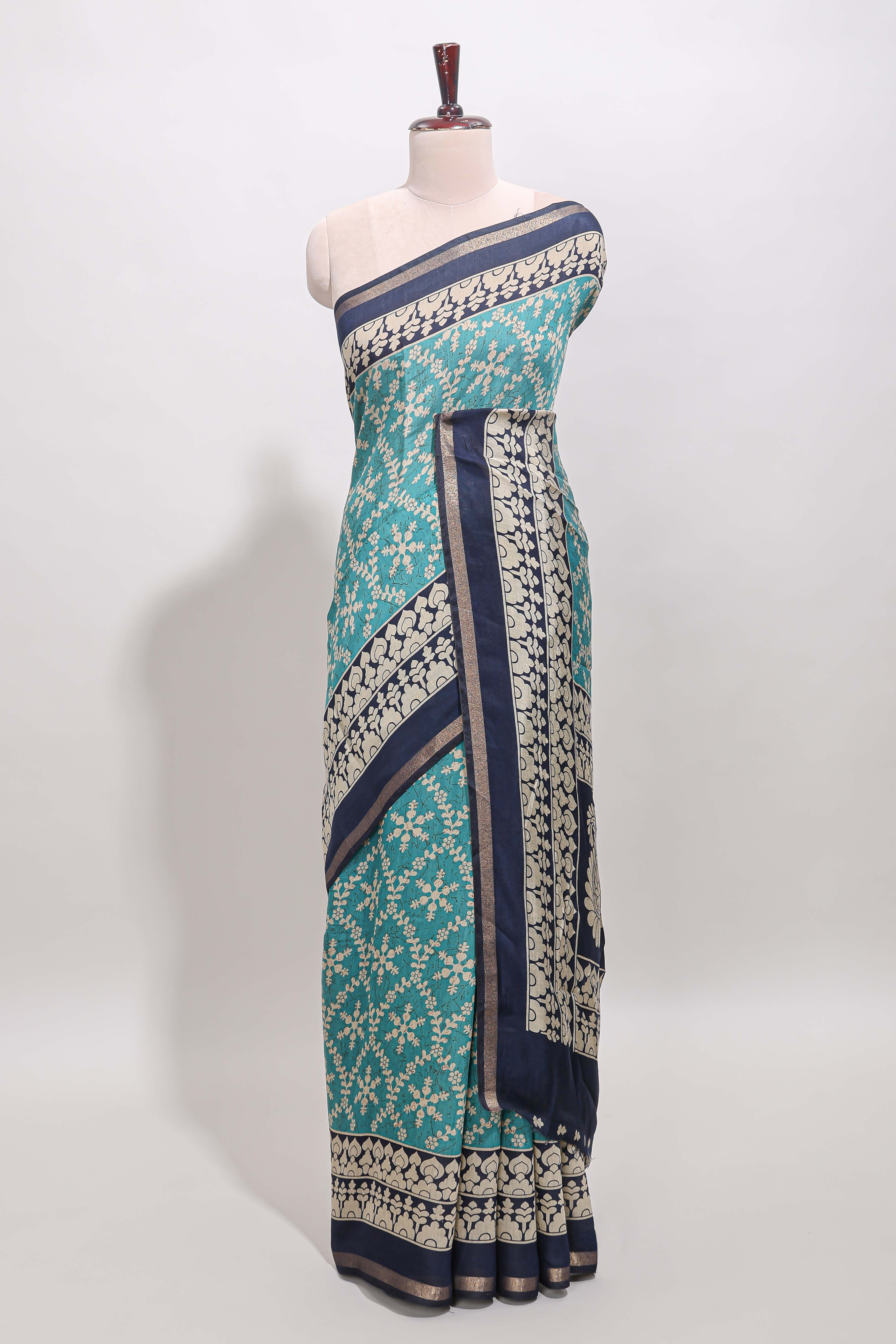 Turquoise green floral vine print chanderi cotton saree with contrast border and blouse