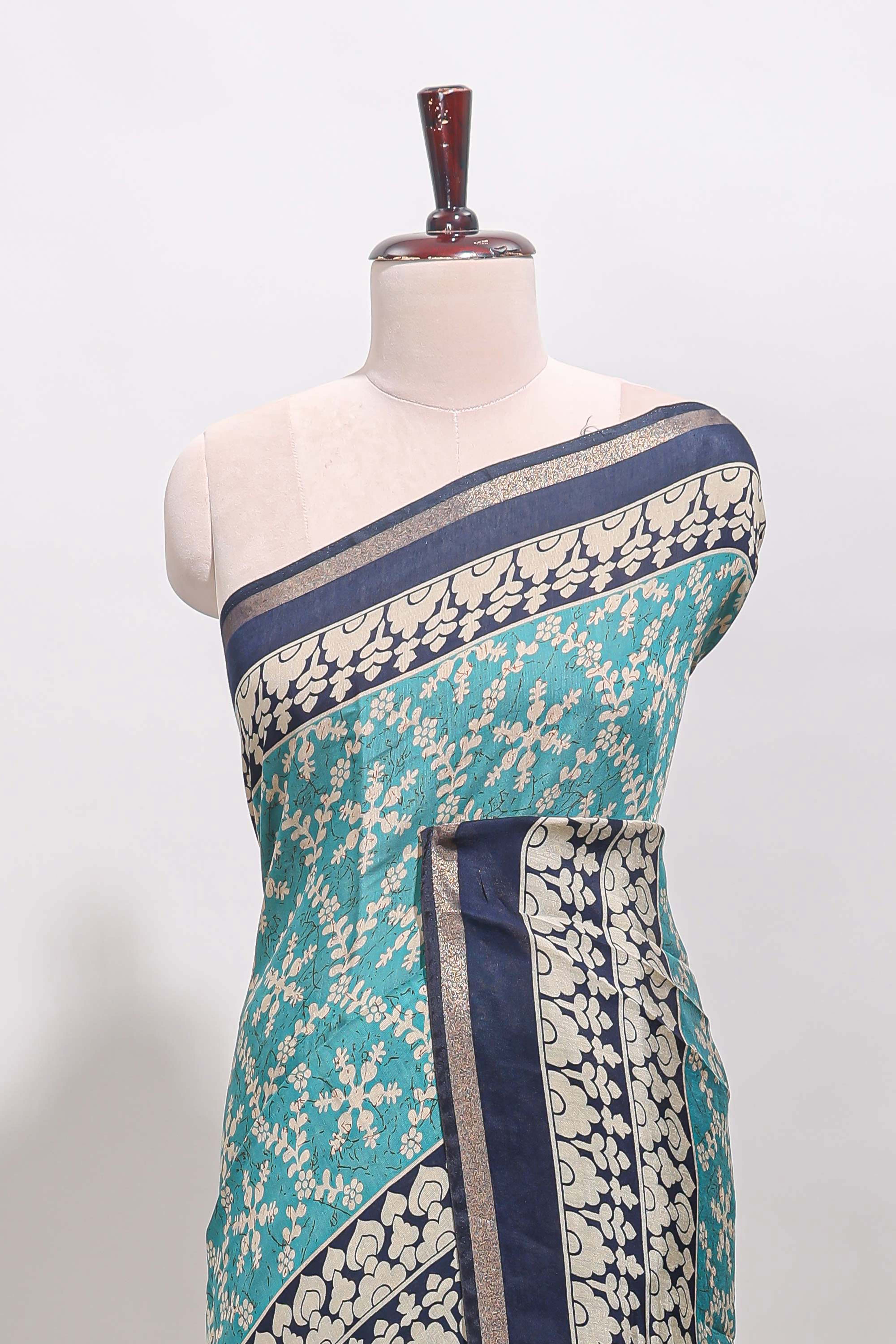 Turquoise green floral vine print chanderi cotton saree with contrast border and blouse