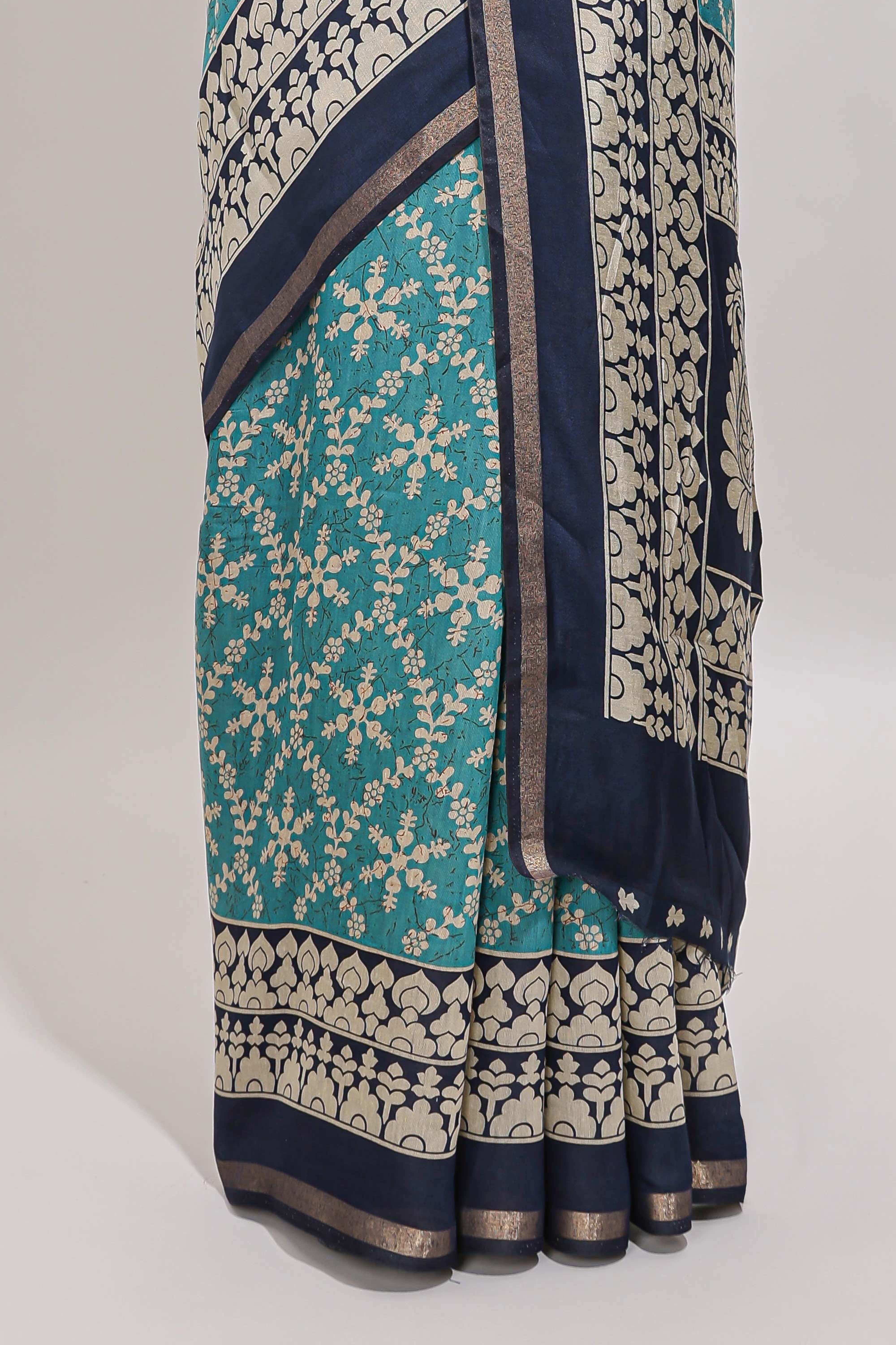 Turquoise green floral vine print chanderi cotton saree with contrast border and blouse