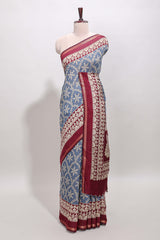 Blue floral vine print chanderi cotton saree with contrast border and blouse