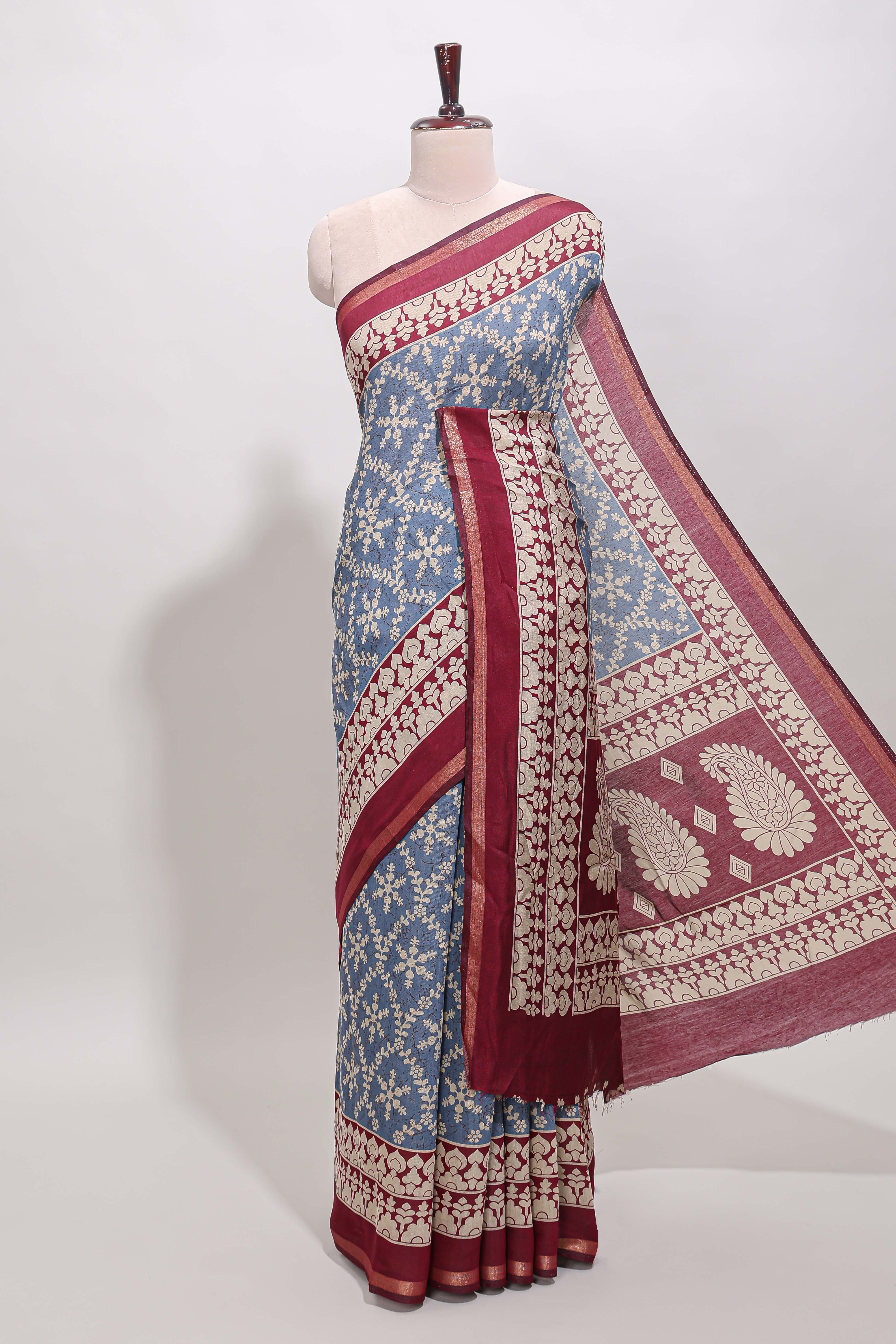 Blue floral vine print chanderi cotton saree with contrast border and blouse