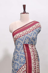 Blue floral vine print chanderi cotton saree with contrast border and blouse