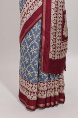Blue floral vine print chanderi cotton saree with contrast border and blouse