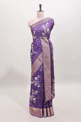 Violet checked floral design dola saree with self zari border and matching blouse