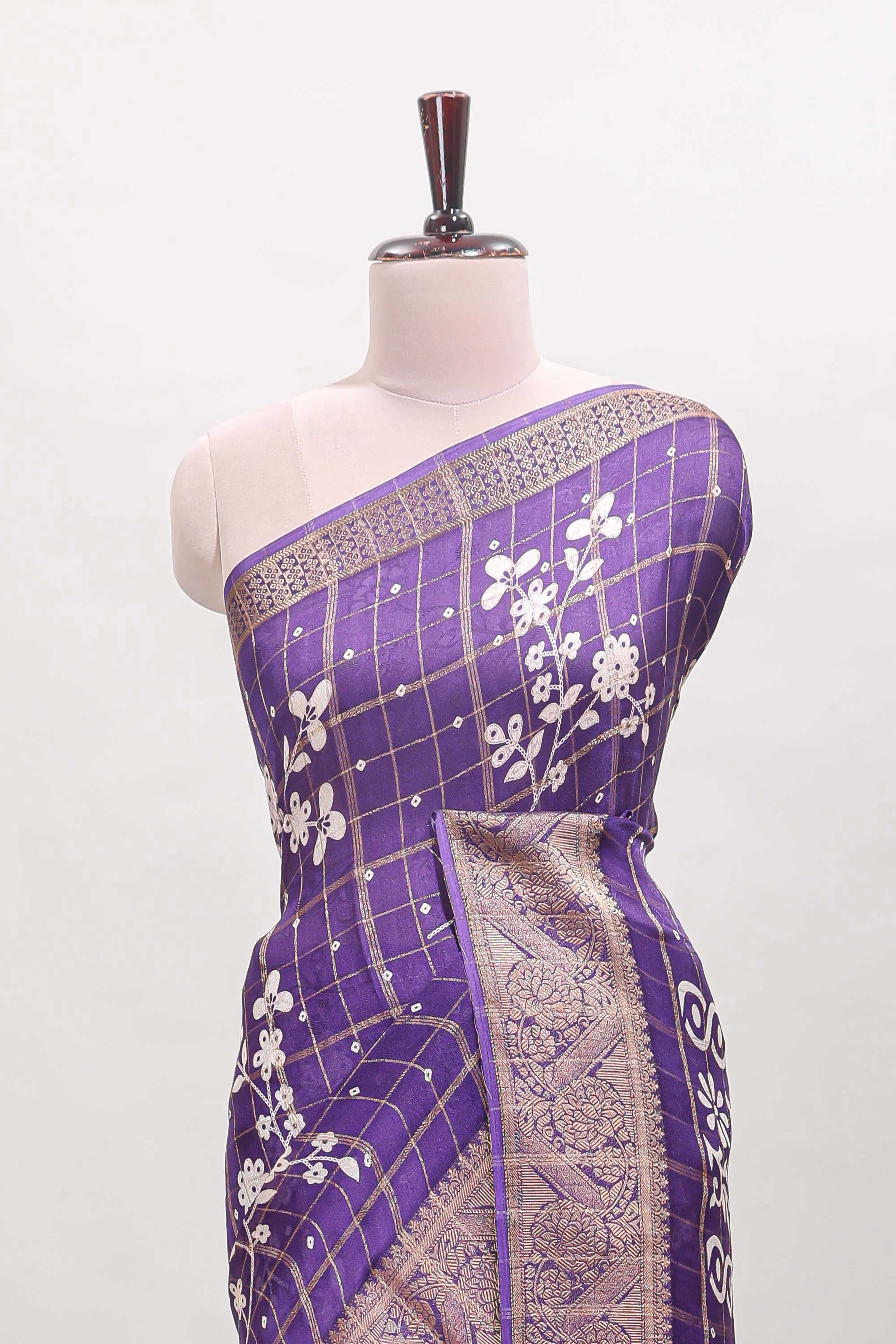 Violet checked floral design dola saree with self zari border and matching blouse