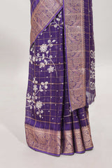 Violet checked floral design dola saree with self zari border and matching blouse