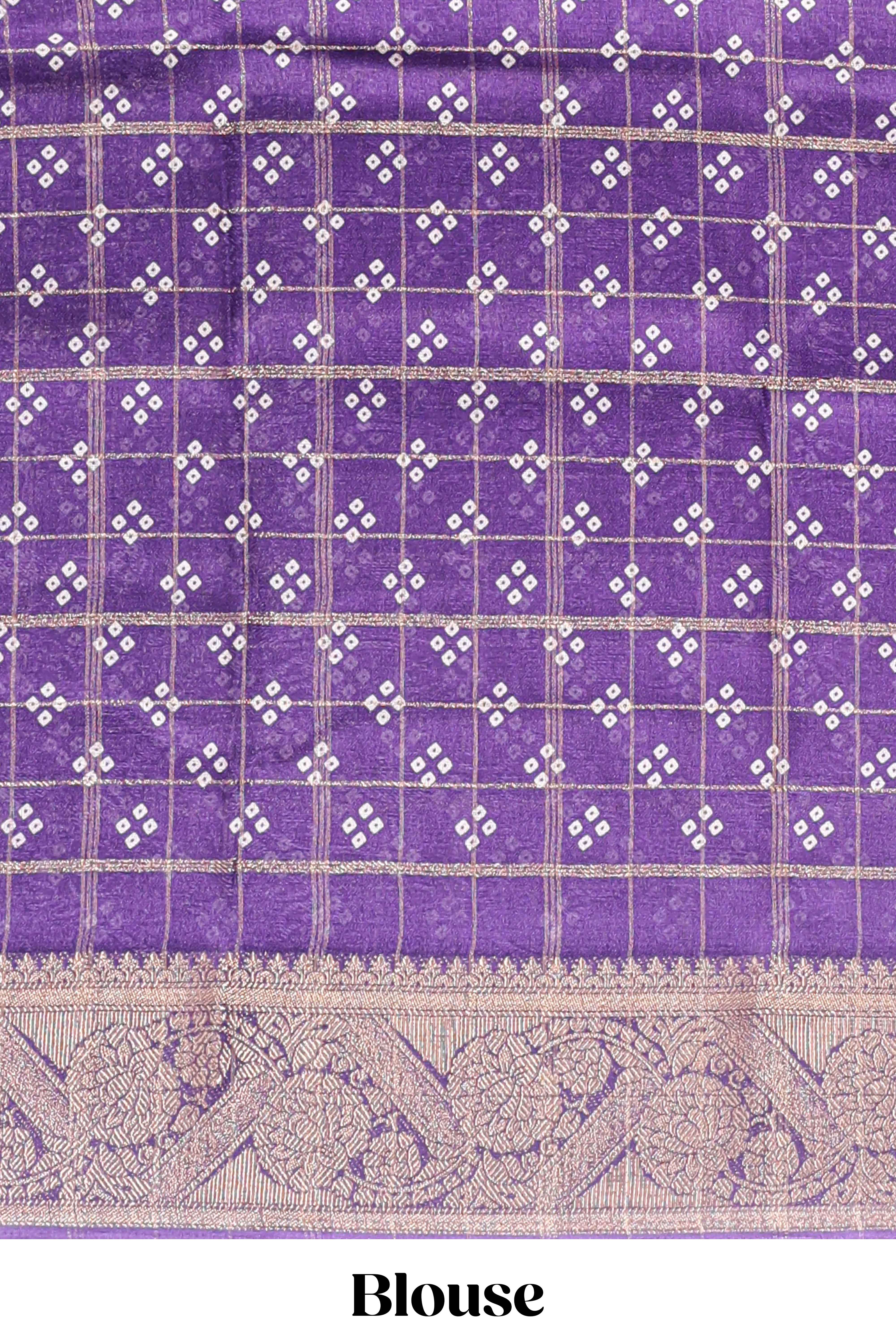Violet checked floral design dola saree with self zari border and matching blouse