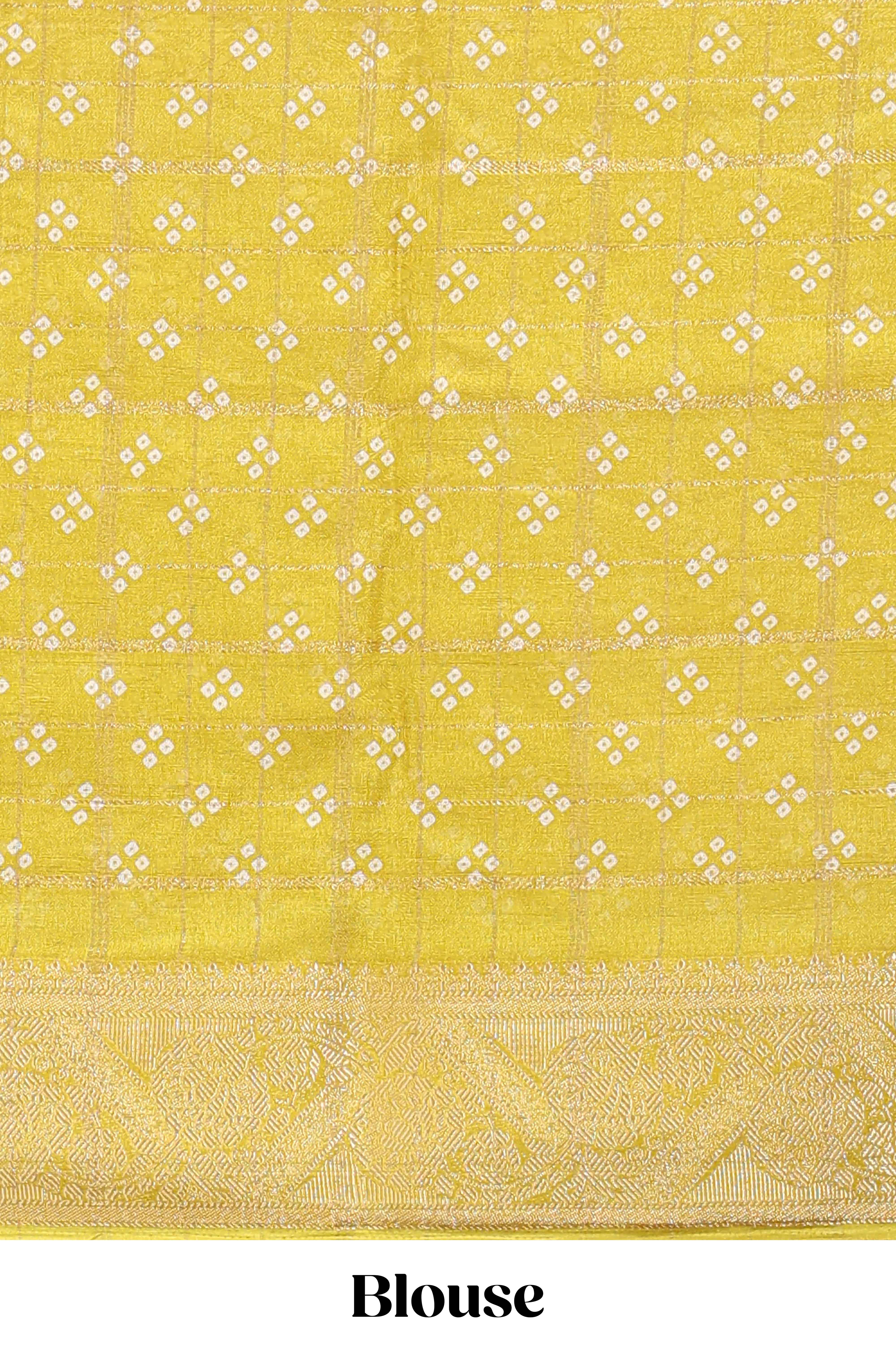 Mustard checked floral design dola saree with self zari border and matching blouse