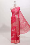 Pink checked floral design dola saree with self zari border and matching blouse