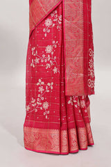 Pink checked floral design dola saree with self zari border and matching blouse