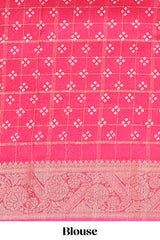 Pink checked floral design dola saree with self zari border and matching blouse