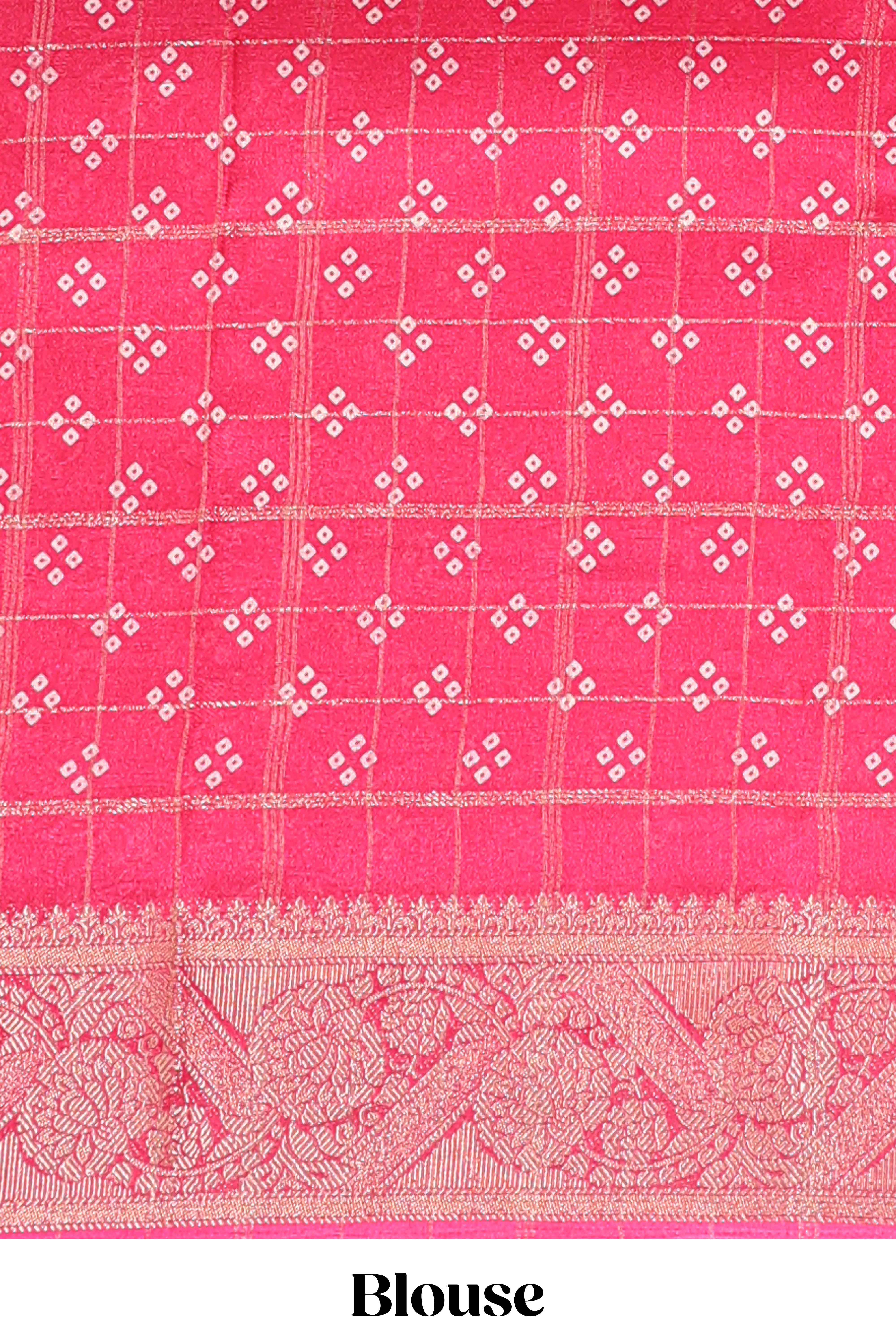 Pink checked floral design dola saree with self zari border and matching blouse