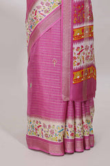 Pink dola silk saree with striped floral motifs and bird & floral bottom design with self zari border and matching blouse