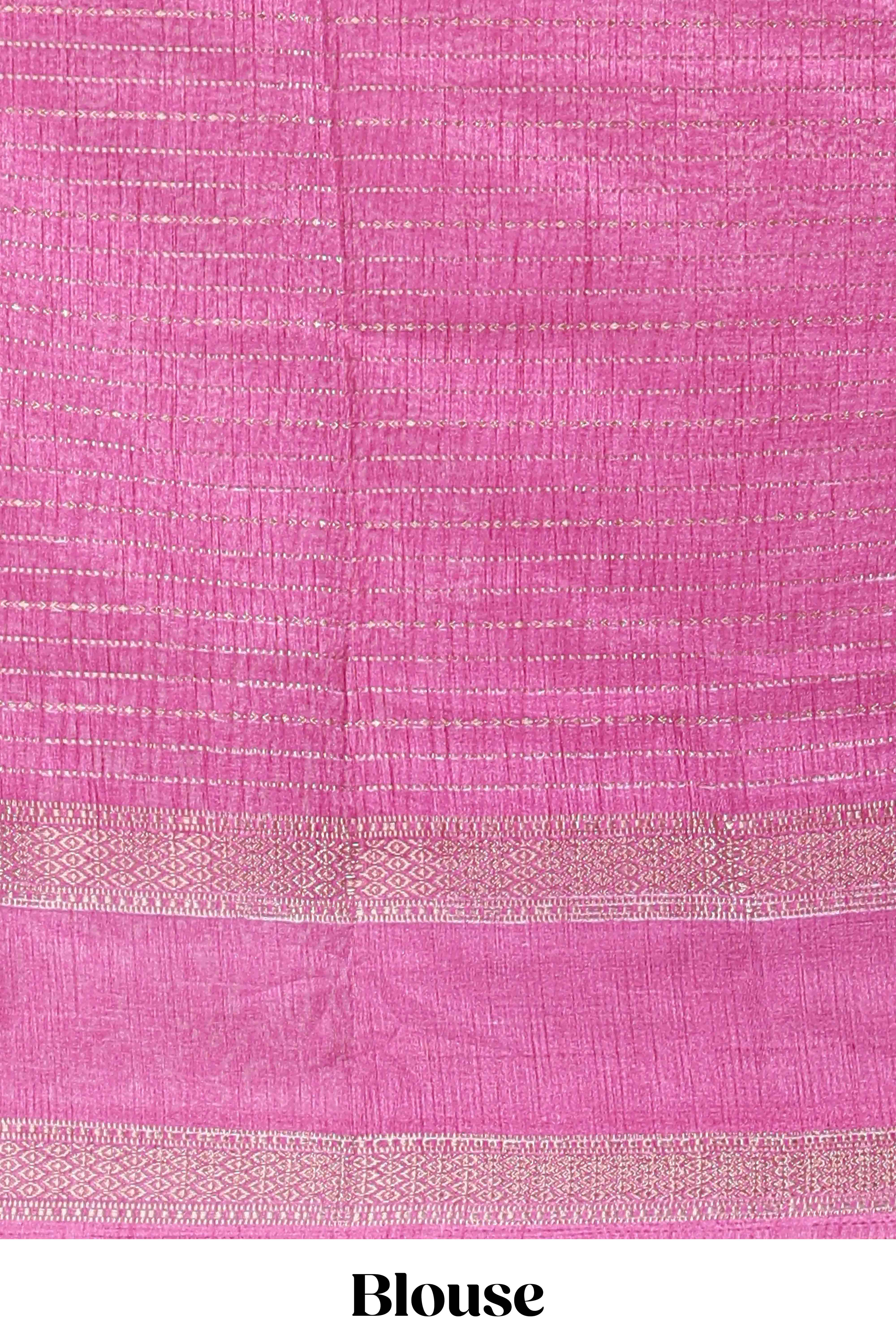 Pink dola silk saree with striped floral motifs and bird & floral bottom design with self zari border and matching blouse