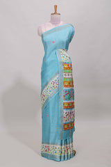 Blue dola silk saree with striped floral motifs and bird & floral bottom design with self zari border and matching blouse