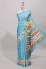 Blue dola silk saree with striped floral motifs and bird & floral bottom design with self zari border and matching blouse