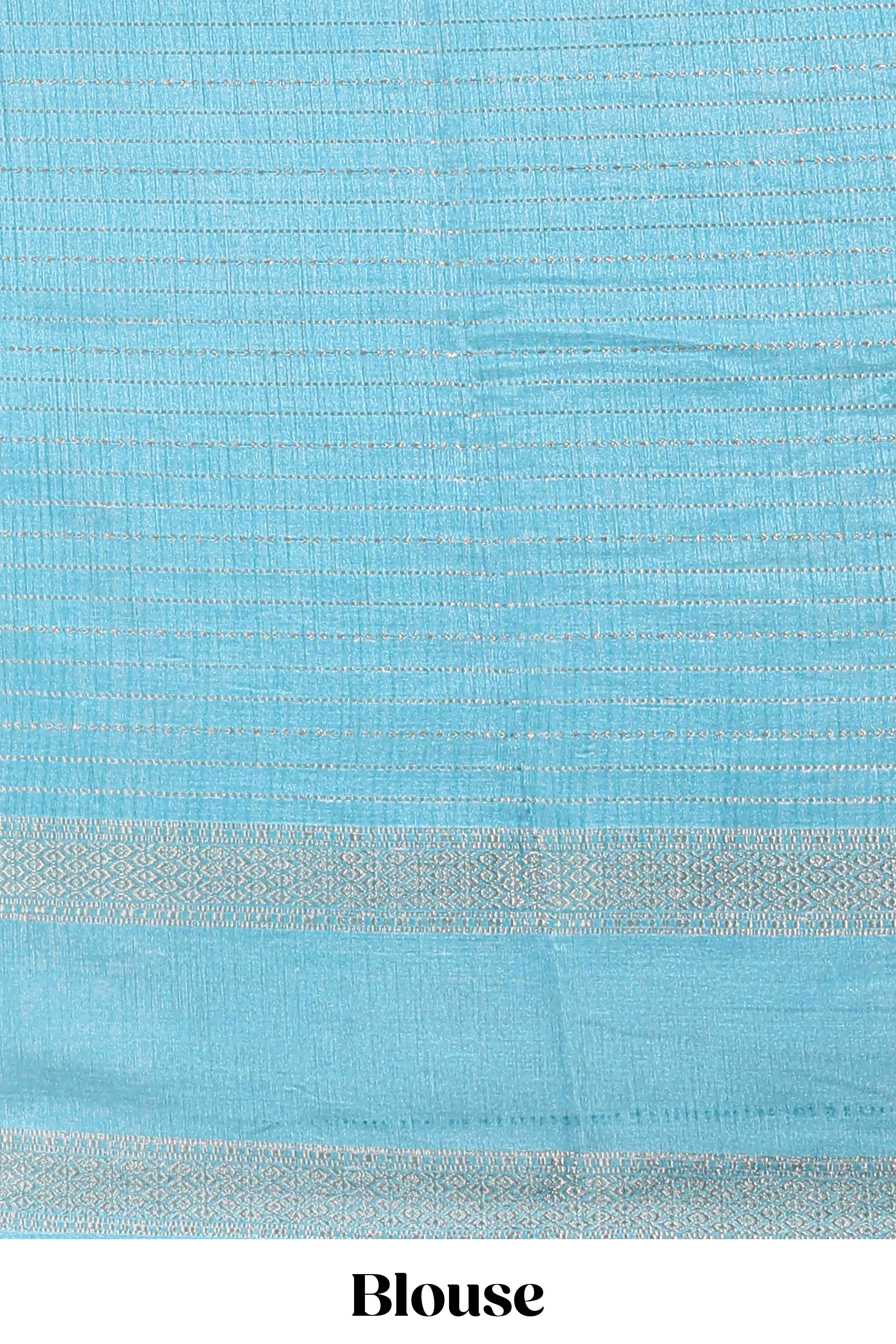 Blue dola silk saree with striped floral motifs and bird & floral bottom design with self zari border and matching blouse