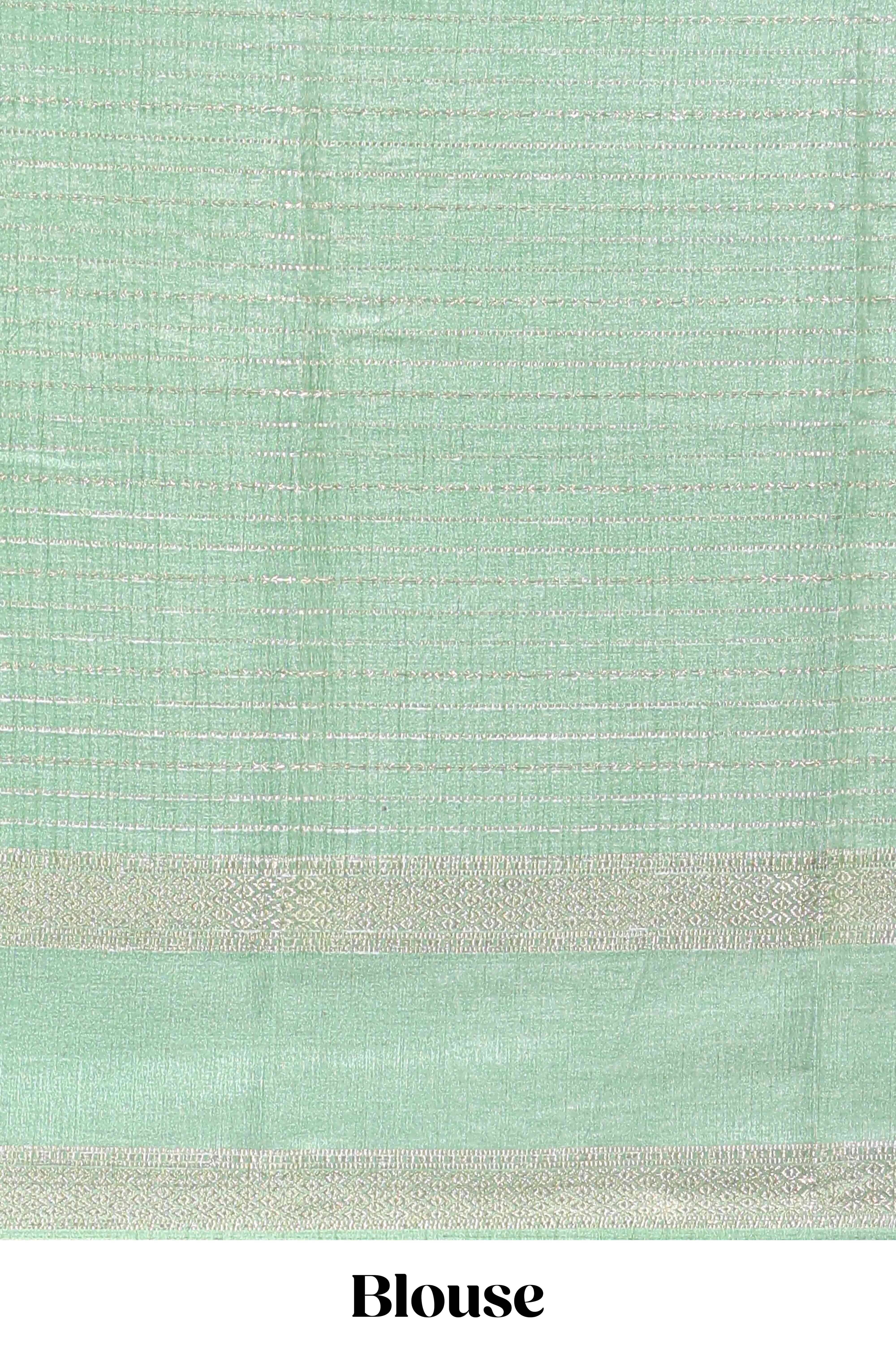 Green dola silk saree with striped floral motifs and bird & floral bottom design with self zari border and matching blouse